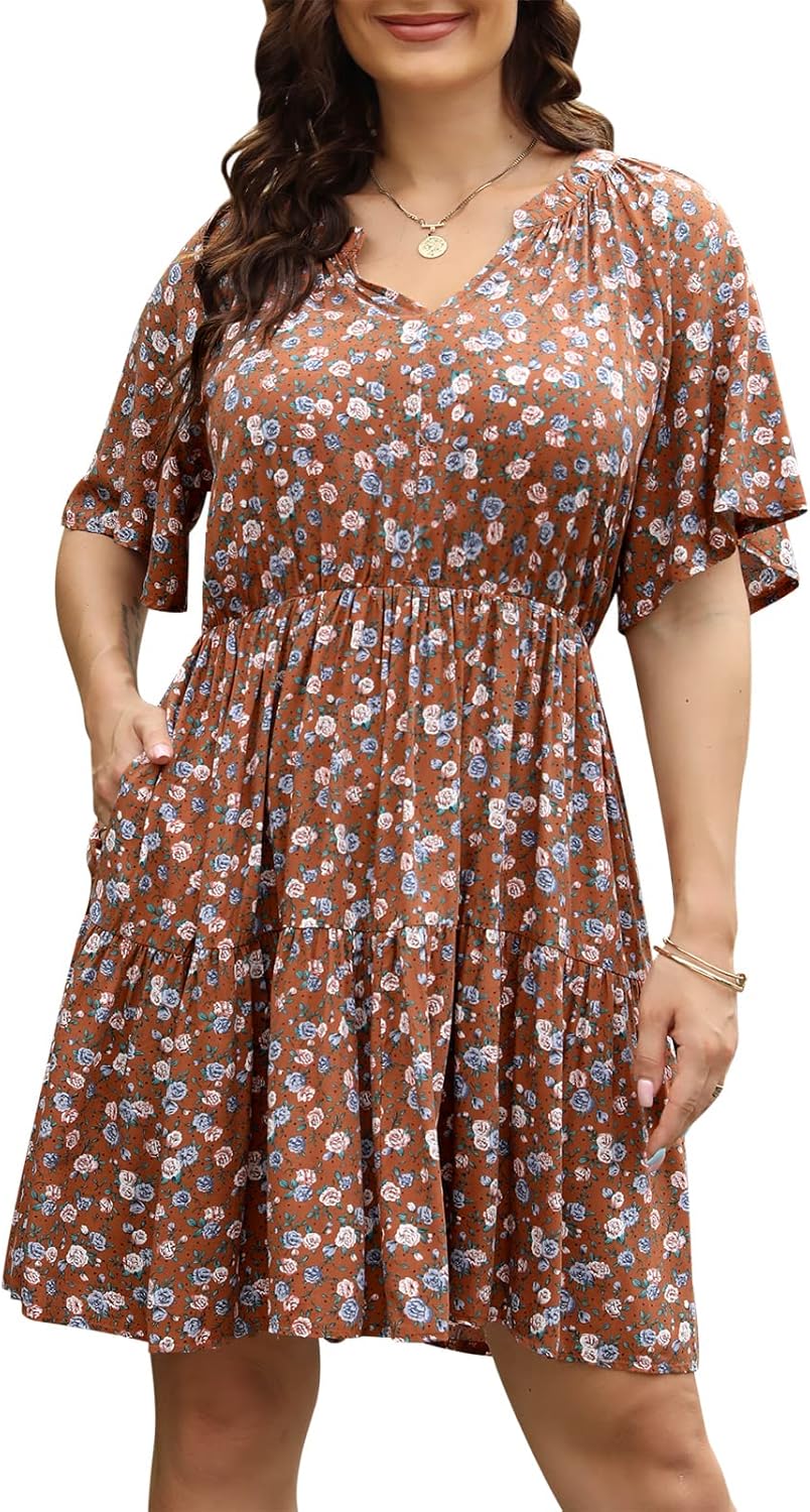 Nemidor Womens Plus Size Summer Dress Floral Print Boho Swing Short Sleeve V Neck Casual Mini Dresses with Pocket