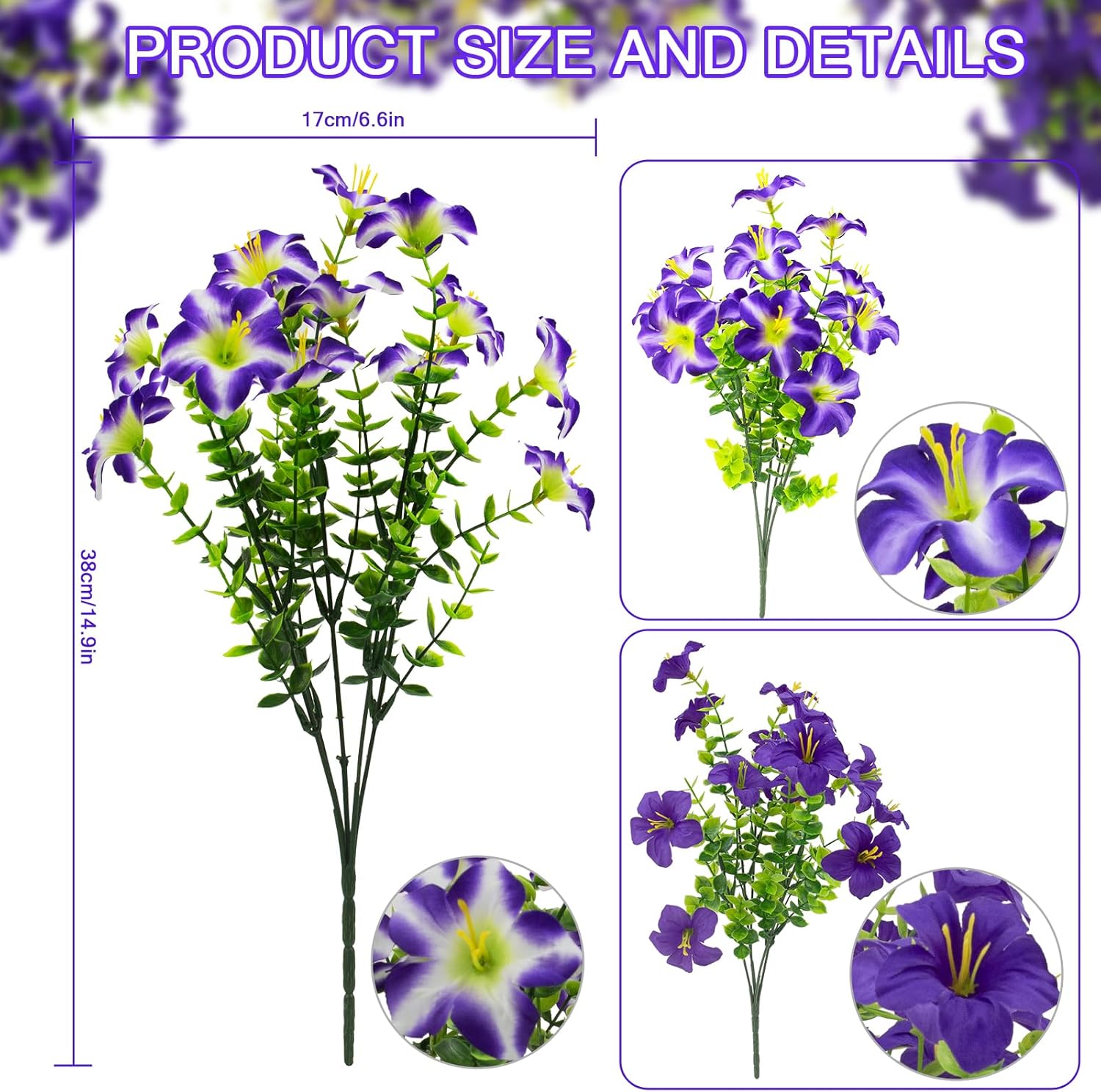 Daynight 32 Pcs Faux Petunias Artificial Flowers for Outdoors, UV Resistant Fake Purple Petunias Plants Realistic Silk Flowers for Porch Front Door Garden Window Outside Decor (32, Purple)