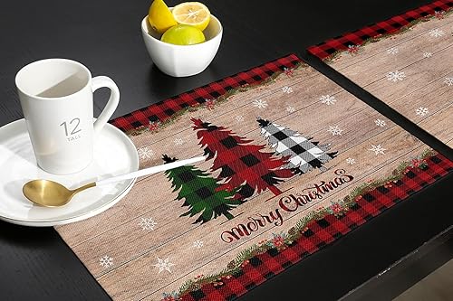 Miniatura 5 de Lazone Juego de 6 manteles individuales con diseño de árbol de Navidad para mesa de comedor, diseño de copos de nieve, diseño retro de grano de