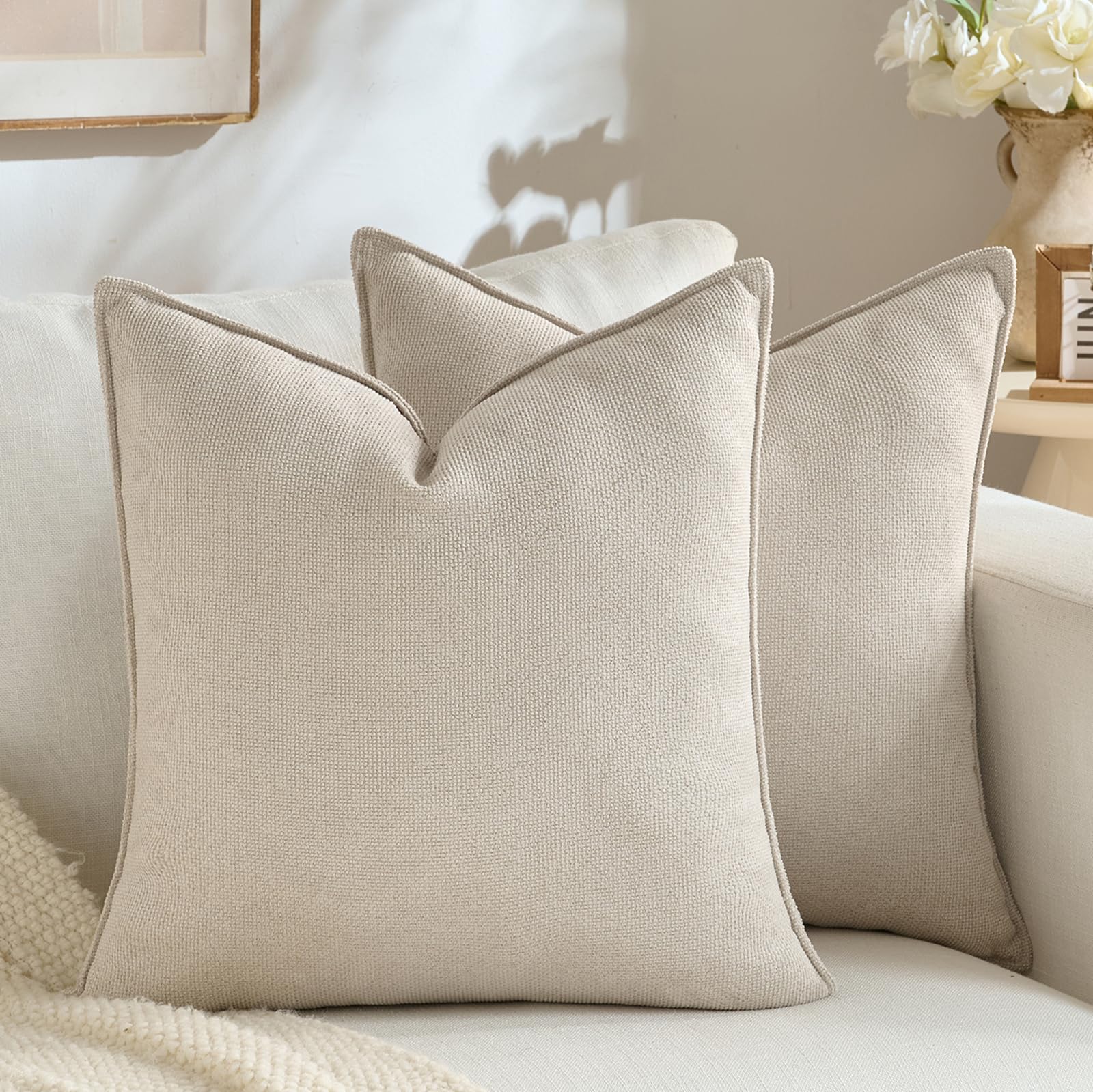 FDTERN Set of 2 Small Beige 16x16 Inch Soft Chenille Decorative Throw Pillow Covers with Flange Edge, Square Neutral Modern Boho Textured Cushion Case Home Decor 40 x 40 cm for Couch Sofa Bed — image 1