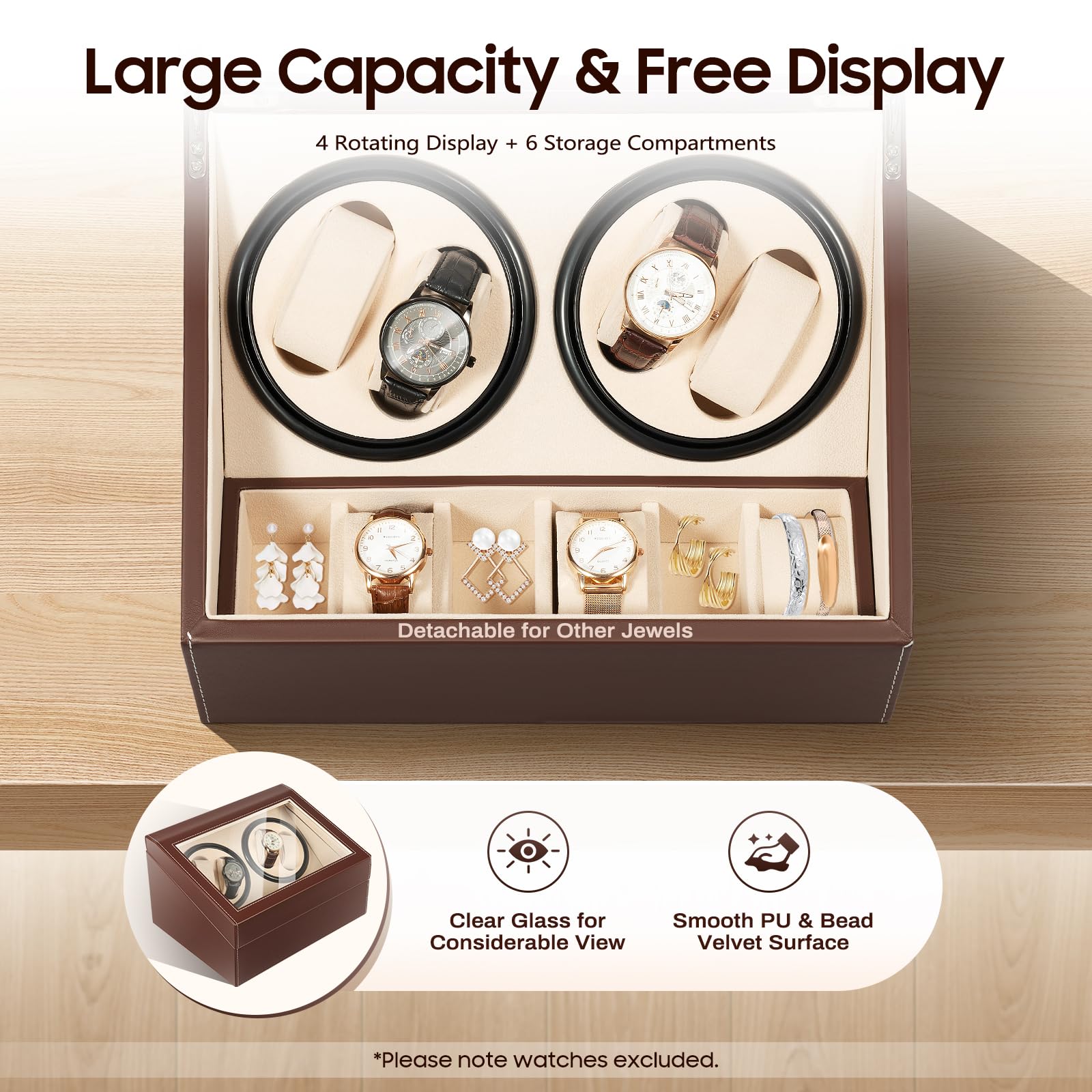 Automatische Uhrenbeweger Box, 4+6 Uhrenbox Leise Uhrendreher Automatikuhren Watch Winder Box mit Klare Fenster und Kissen, Drehen Mute Uhrenbeweger Display-Boxen PU-Leder (Braun)