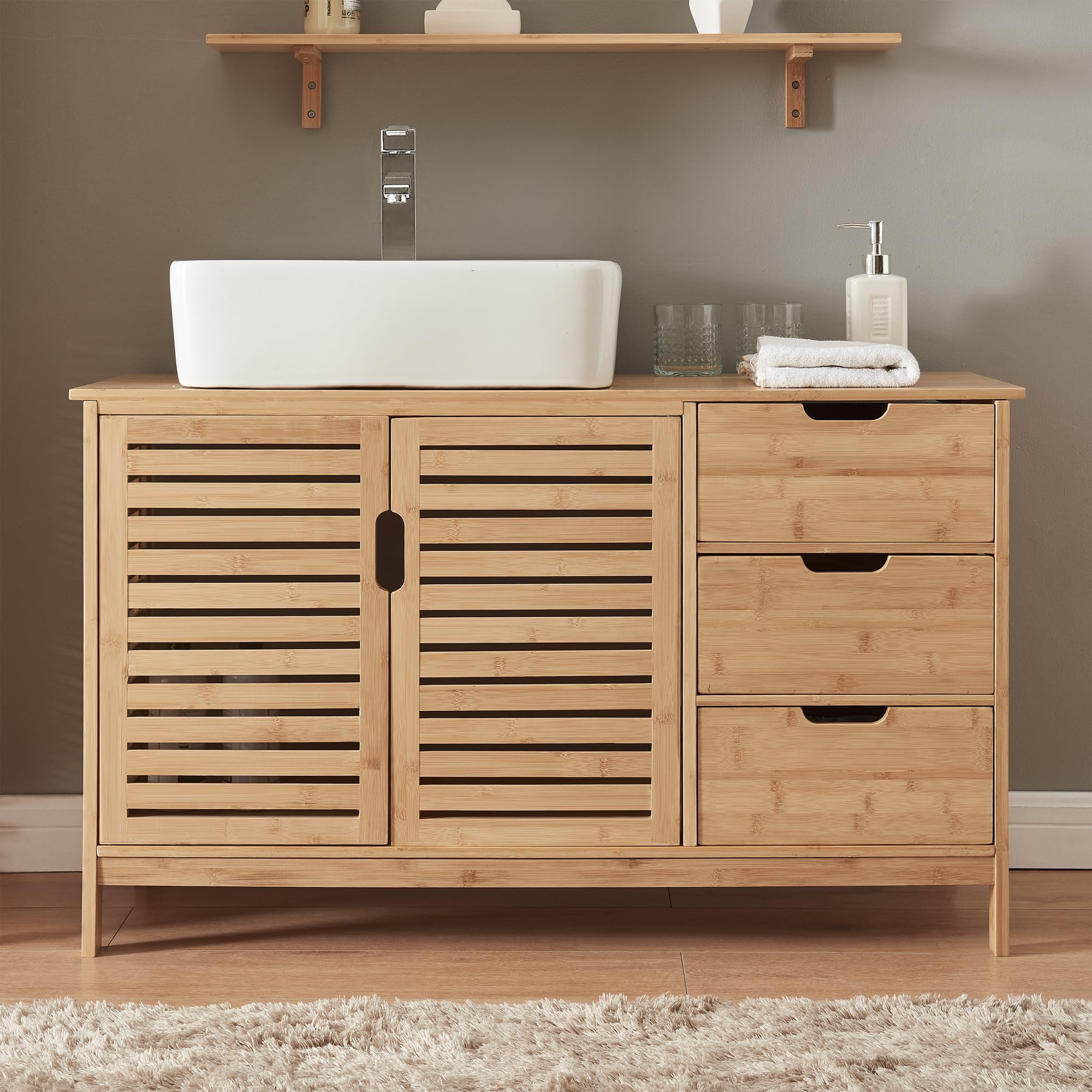 [en.casa] Mobile Sottolavabo da Terra con 3 Cassetti e 2 Ante Armadio Sotto Lavandino da Bagno con Ritaglio Sifone e Scomparto Chiuso 60 x 100 x 35 cm - Bambù Naturale