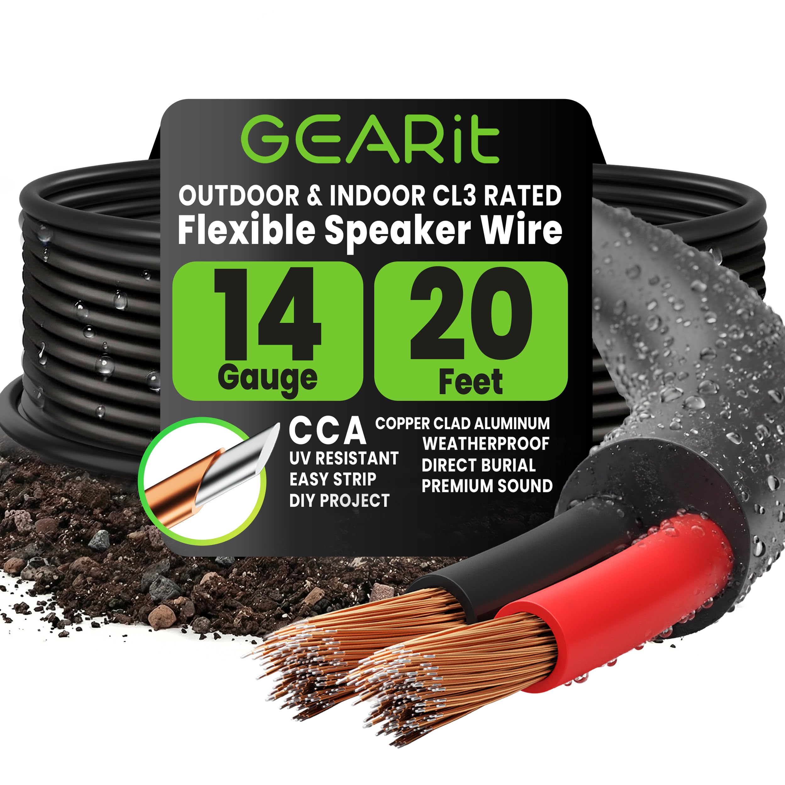 GearIT 14/2 Speaker Wire (20 Feet) 14 Gauge (Copper Clad Aluminum) - Outdoor Direct Burial in Ground/in Wall / CL3 CL2 Rated / 2 Conductors - CCA, Black 20ft