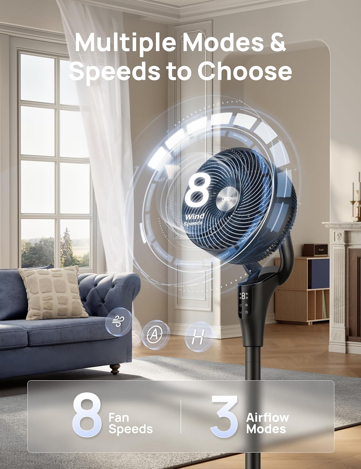 DREO Fan for Bedroom, 2026 Upgraded, 90ft Airflow, 20dB Quiet Fan, 90° Oscillating Standing Fan for Whole Room, DC Motor, 8+H Speeds, 3 Modes, 38-42'' Adjustable Height, 8H Timer, 105° Manual Vertical - Image 5