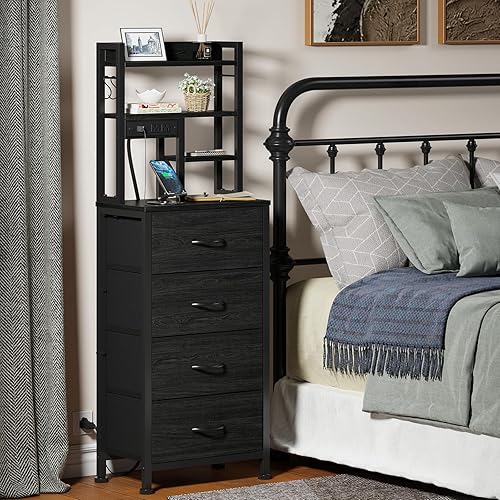 Miniatura 8 de Furnulem Tall Nightstand, LED Night Stand with Charging Station and USB Ports, 4 Fabric Drawers and 4 Tier Storage Shelf, Nightstands Bedside Tables