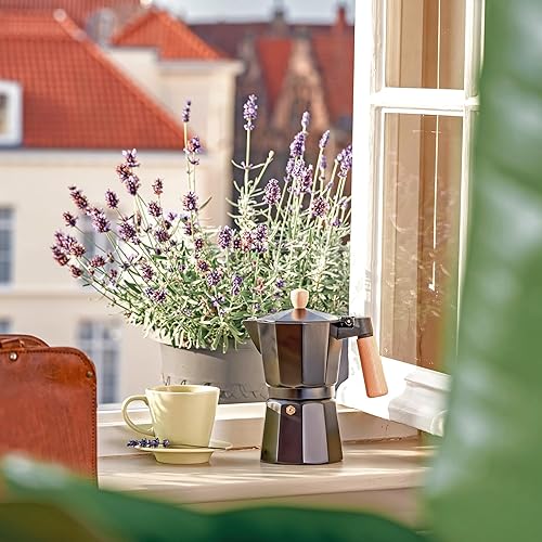 Miniatura 8 de Cafetera italiana  Olla de café expreso para el gusto clásico Greca entusiasta del café  Estufa de calidad  Olla de moca negra con mango de madera