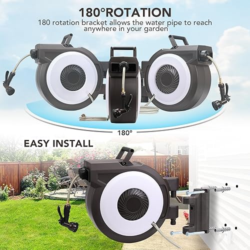 Miniatura 6 de IDEALHOUSE Carrete de manguera de jardín retráctil, carrete de manguera de pared de 12 pulgada x 100 pies, con boquilla rociadora de 9 funciones,