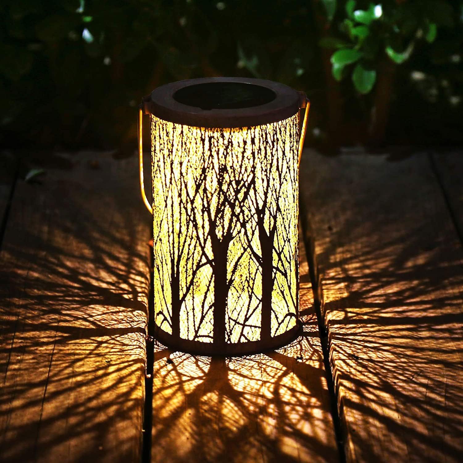 Solar LED Lantern Outdoor Hanging Lamp Wrought Iron Hollow Tree Branch Projection Camping Atmosphere Garden Landscape Light for Garden, Walkway, Patio, 1 Pack