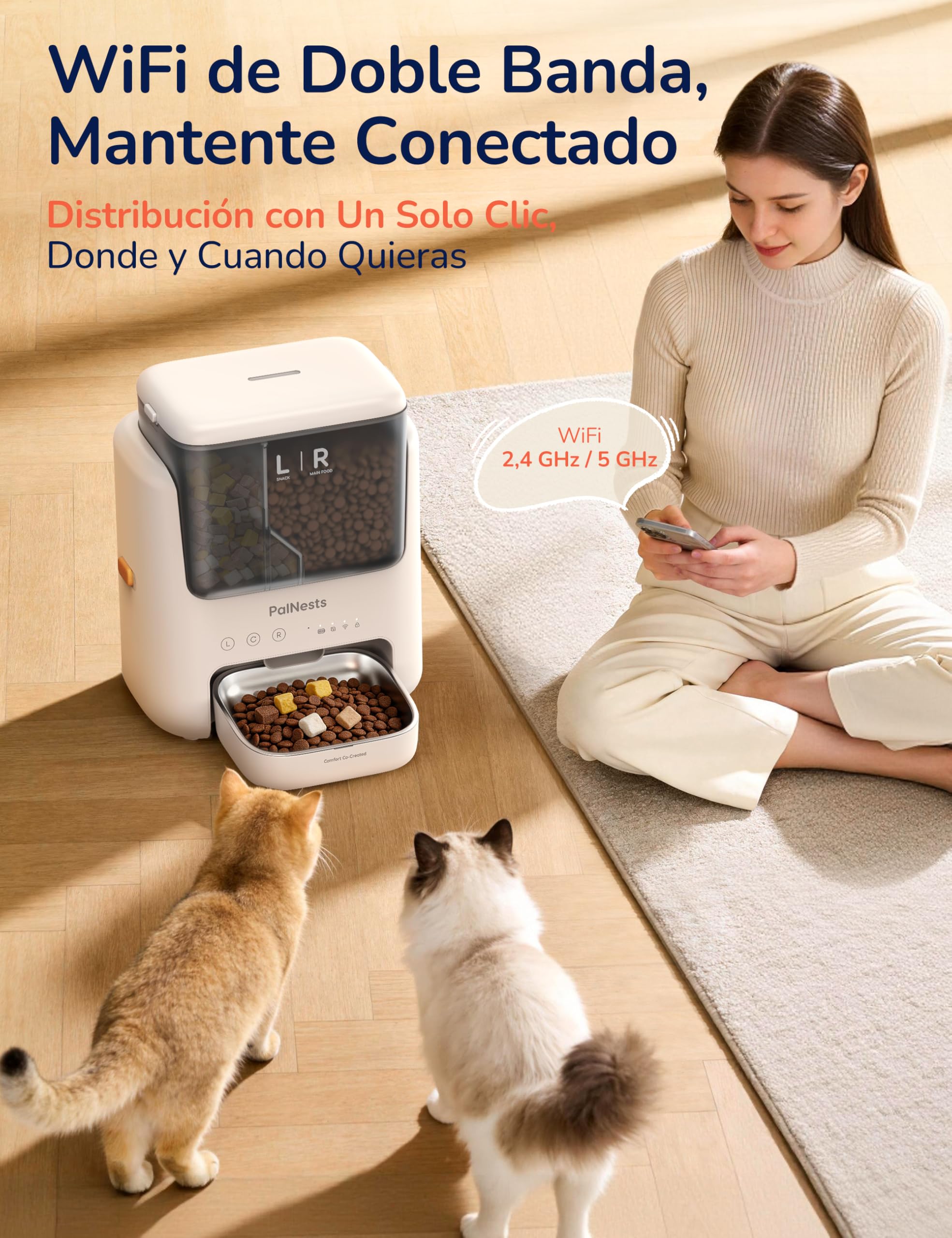 Comedero Gato Automatico, 5L Doble Tolva Dispensador Comida Gatos/Perros, 2.4G/5G WiFi, App Control, 10 Comidas por Día, Liofilizados Compatibles, Control de Porciones, Cuenco de Acero INOX