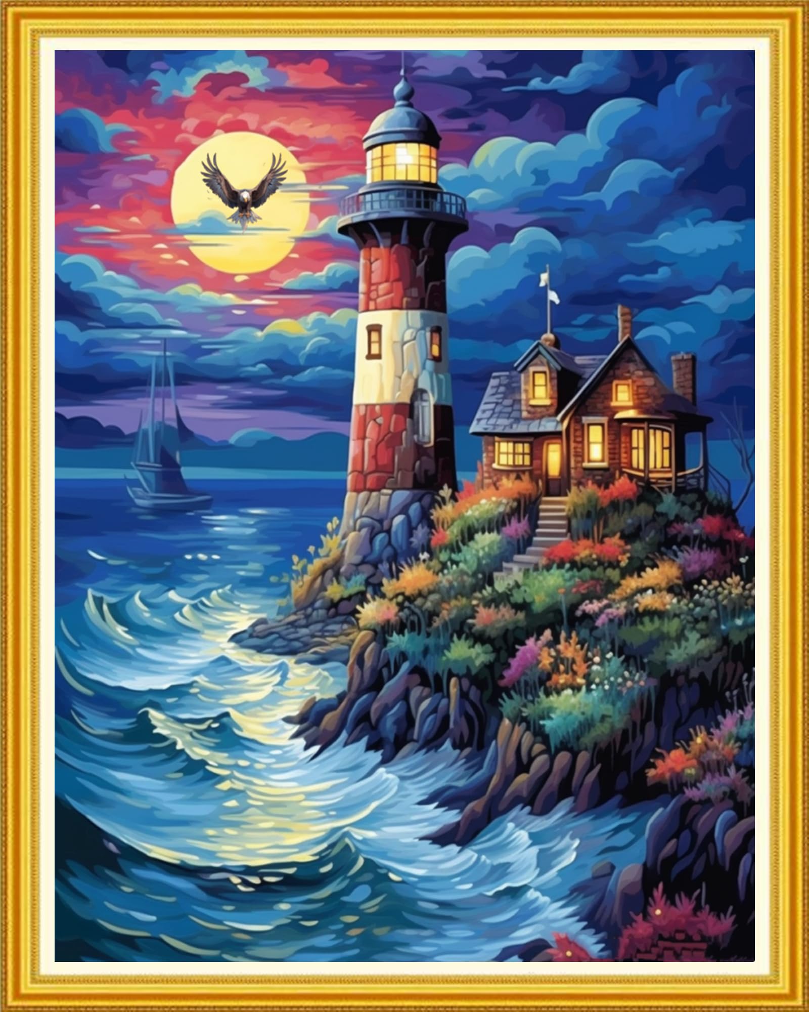 Magxvouy Cross Stitch Kits Stamped Full Range of Embroidery Kits,Cross Stitch Patterns Needlework Kits for Beginners 11CT Printed Kits&amp;Seaside Lighthouse 16x20 inch