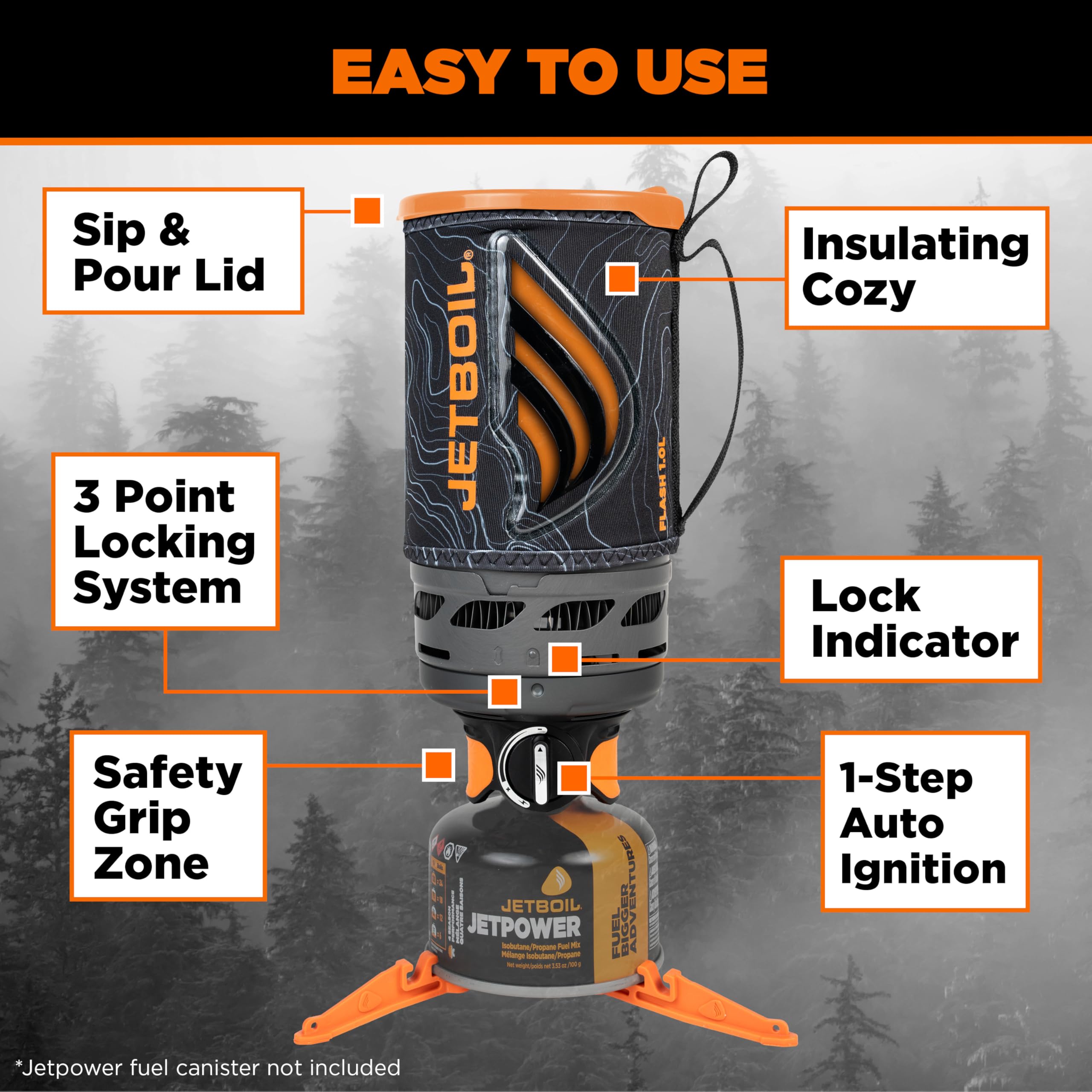 Jetboil Flash - Estufa portátil de ebullición rápida de 1.0L con prensa francesa de silicona y encendido automático para acampar y mochileros, quemador de propano/isobutano con taza de cocina, nuevo