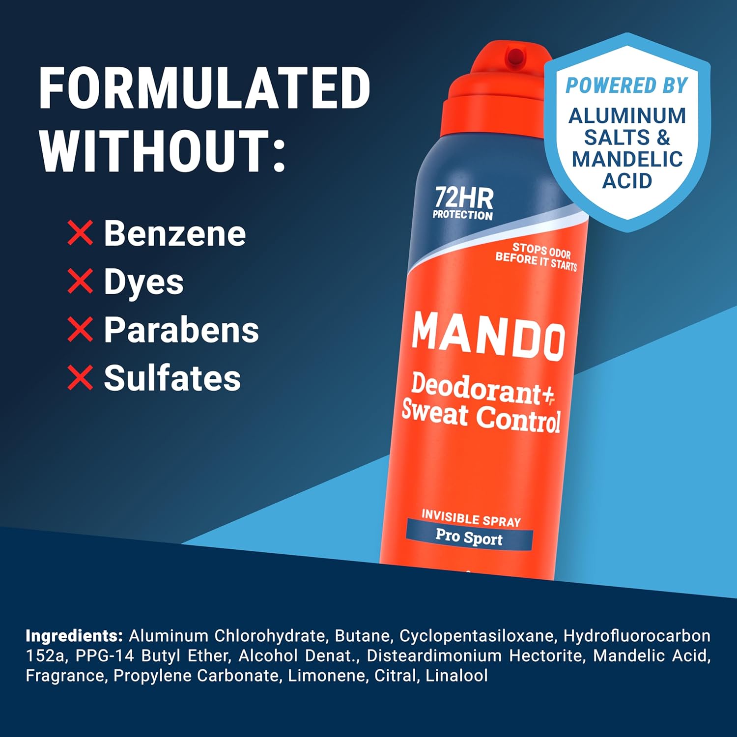 Mando 72 Hour Sweat & Odor Control Spray for Men - Invisible Spray Deodorant - Antiperspirant Deodorant - Men's Sweat Protection - Low Irritation Formula - No Parabens or Benzene - 2pk - Pro Sport