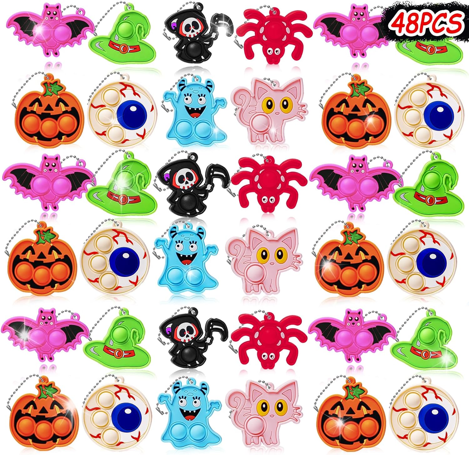 48Pcs Halloween Party Favors, Fidget Toys Bulk Mini Pop Bubbles with Keychain, School Classroom Prizes Box Fidgets Toys for Kids Toddlers Adult, Goodie Bag Stuffers, Treasure Chest box, Halloween Toys
