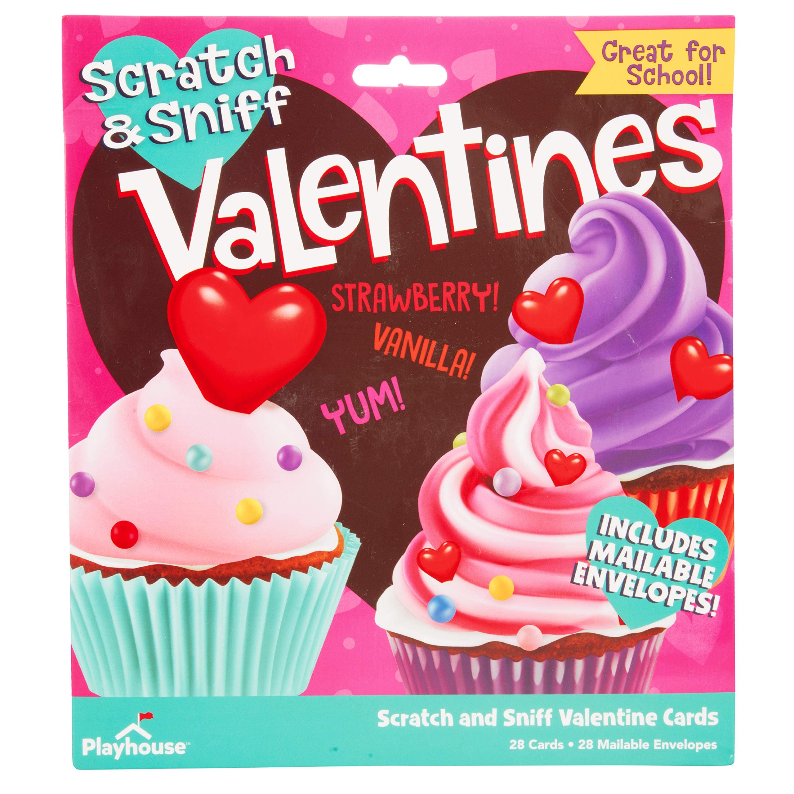 Playhouse Scratch & Sniff Cupcakes Valentine's Day Card Set for Kids, 28 Card Pack & Envelopes - Vanilla & Strawberry Scented - Great for School Classroom Exchange Parties - Girls & Boys ages 4+
