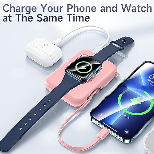Miniatura 9 de HUOTO Cargador portátil cargador magnético mini iWatch de 5000 mAh con cable de carga integrado cargador de viaje batería externa compatible con