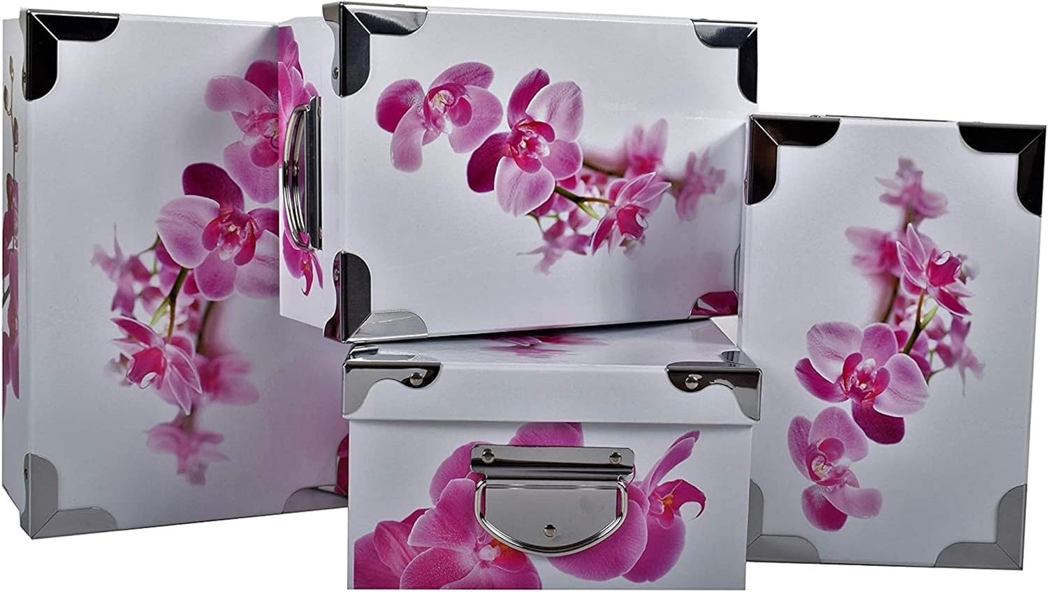 2.J. 2J Lot Of 3 Original Orchid Printed Cardboard Storage Boxes With Metal Angles And Handles. Beautiful Large Decorated Box Modern Design Sizes: 38x26.5x14, 40x28.5x15, 42x30x16 Cm