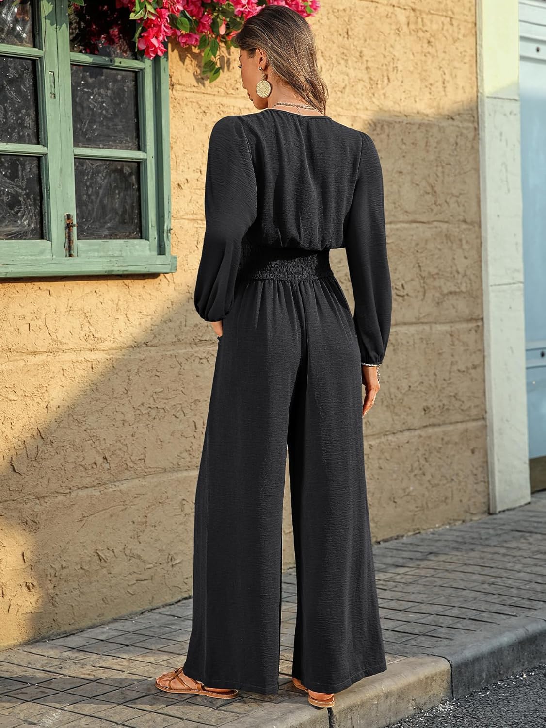 Womens Jumpsuits Long Sleeve V Neck Dressy Casual 2026 High Waist Romper Wide Leg Pants One Piece Outfits - Image 3