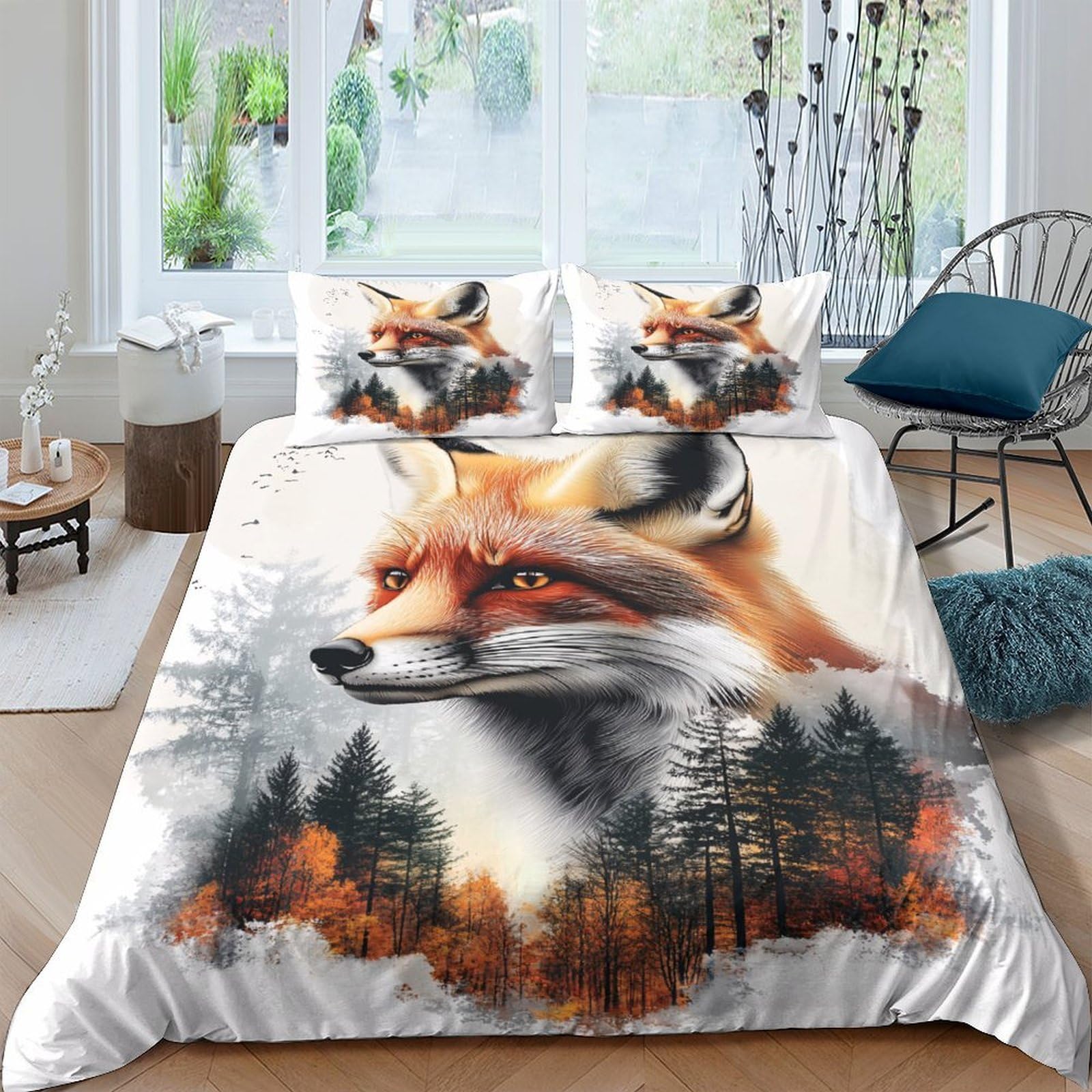 Ctjqhvkz Style-2 3D Printed Fox Forest Fitted Sheet Microfiber Soft Bed Cover Autumn Leaves Mattress Cover Bedroom Decor Single（135X200cm）