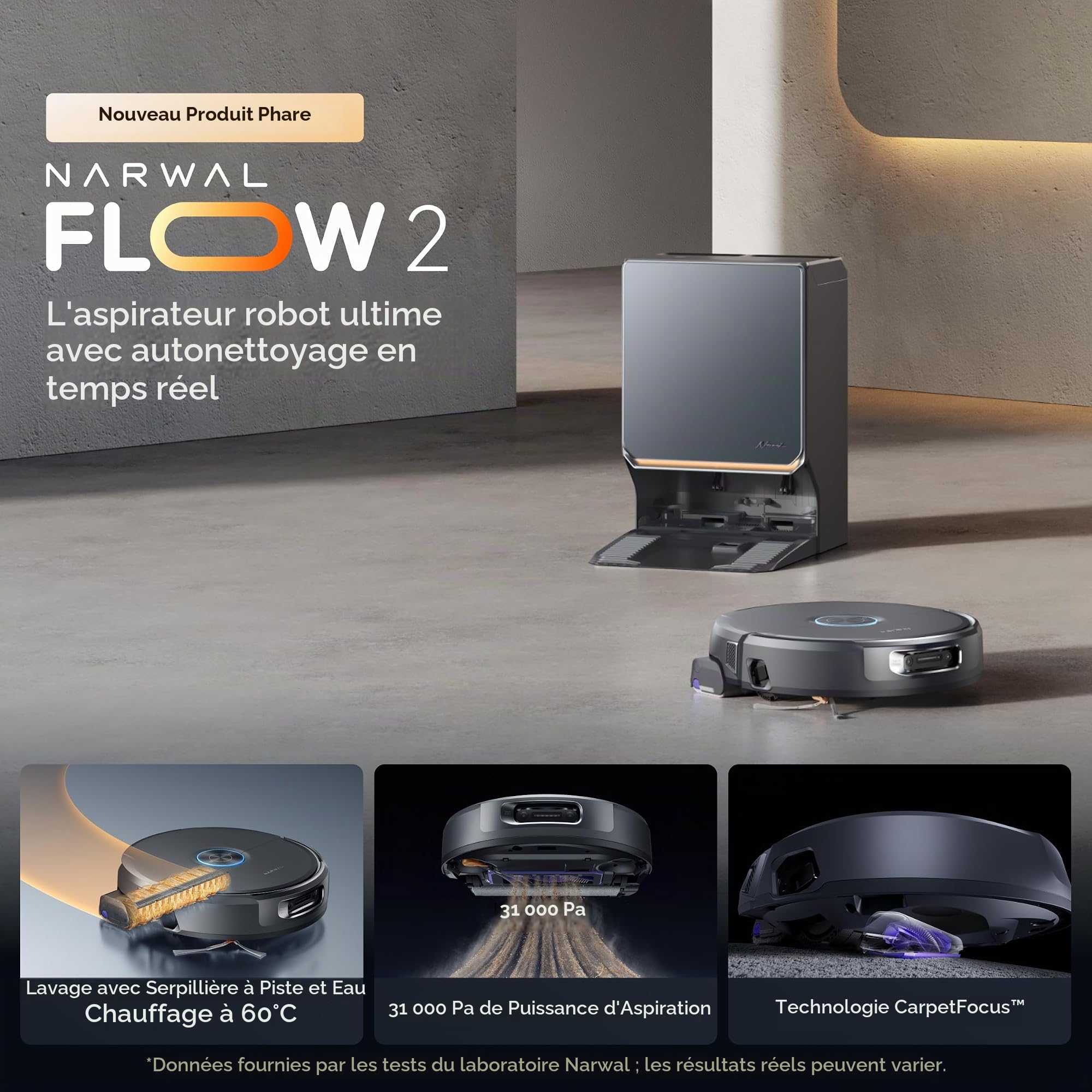 NARWAL Flow 2 Robot Aspirateur Laveur, 31 000Pa, 4.0 FlowWash Lavage et Nettoyage à 60-100℃ + Accessoire d'origine 930 ML Nettoyant