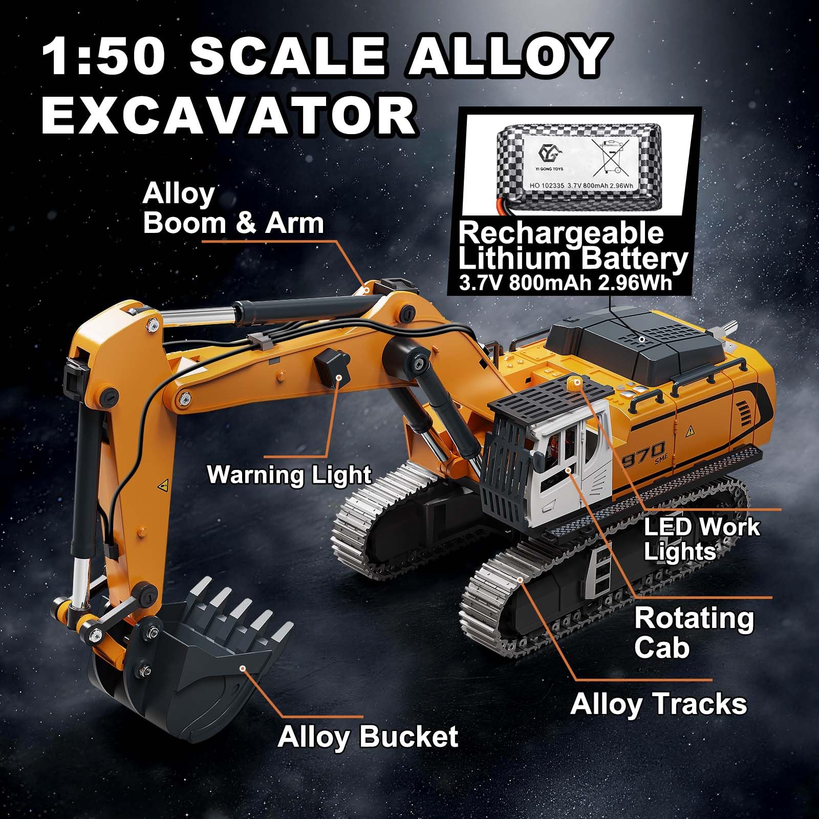 Escavatore Radiocomandato Professionale Mini 1:50 per Sabbia e Sabbiera, Escavatore RC Cingolato con Benna in Metallo e Cingoli Metallici, Telecomando LCD 2,4 GHz, Luci e Suoni, 2 Batterie