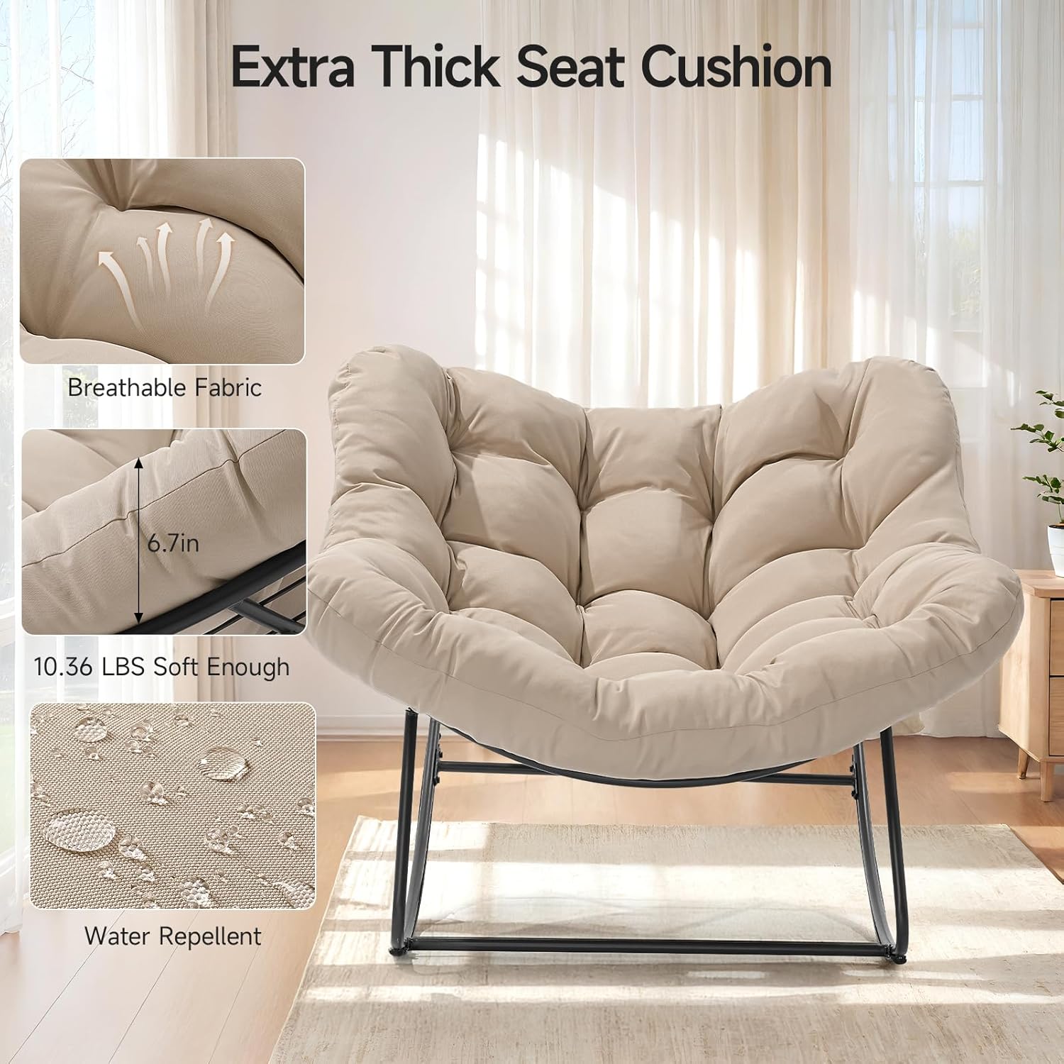 ONBRILL Outdoor Papasan Rocking Chair, 450 lbs Oversized Comfy Patio Chair with Thickened Cushion, Indoor Egg Rocking Lounge Chairs, Rocker Chairs for Patio Porch Garden Living Room Bedroom, Beige