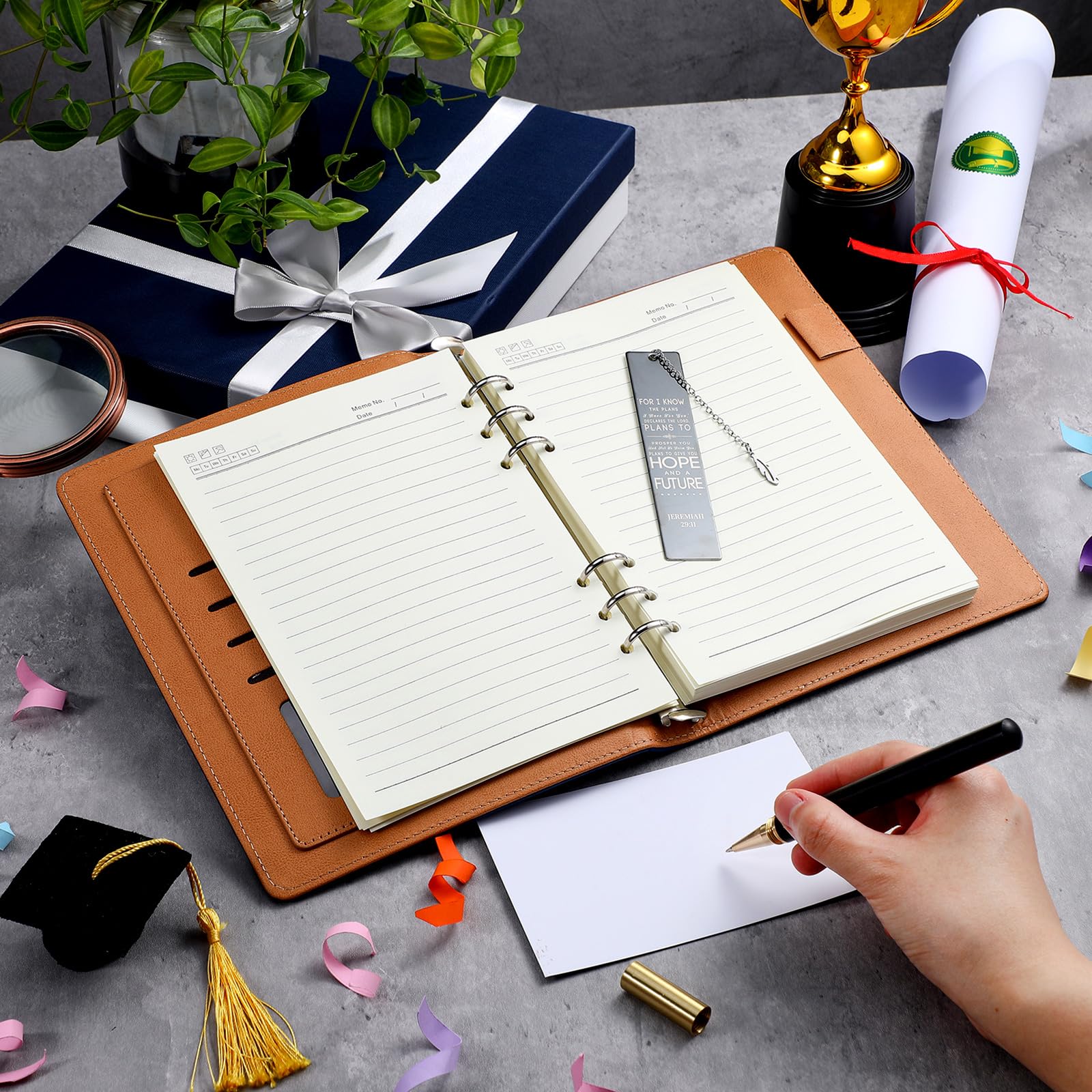 ReliThick 2026 Congrats Grad Gift Basket for Her Him Christian Leather Journal Notebook Metal Bible Bookmark Signature Pen Graduation Card for Class of 2026 Congratulations Gift(Blue Box,for I Know)