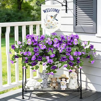 Yastouay Artificial Flowers for Outdoors, 2PCS Artificial Petunias UV Resistant Fake Outdoor Flowers, Realistic Faux Flowers Fake Silk Petunias for Outside Garden Porch Patio Yard Decor, Purple