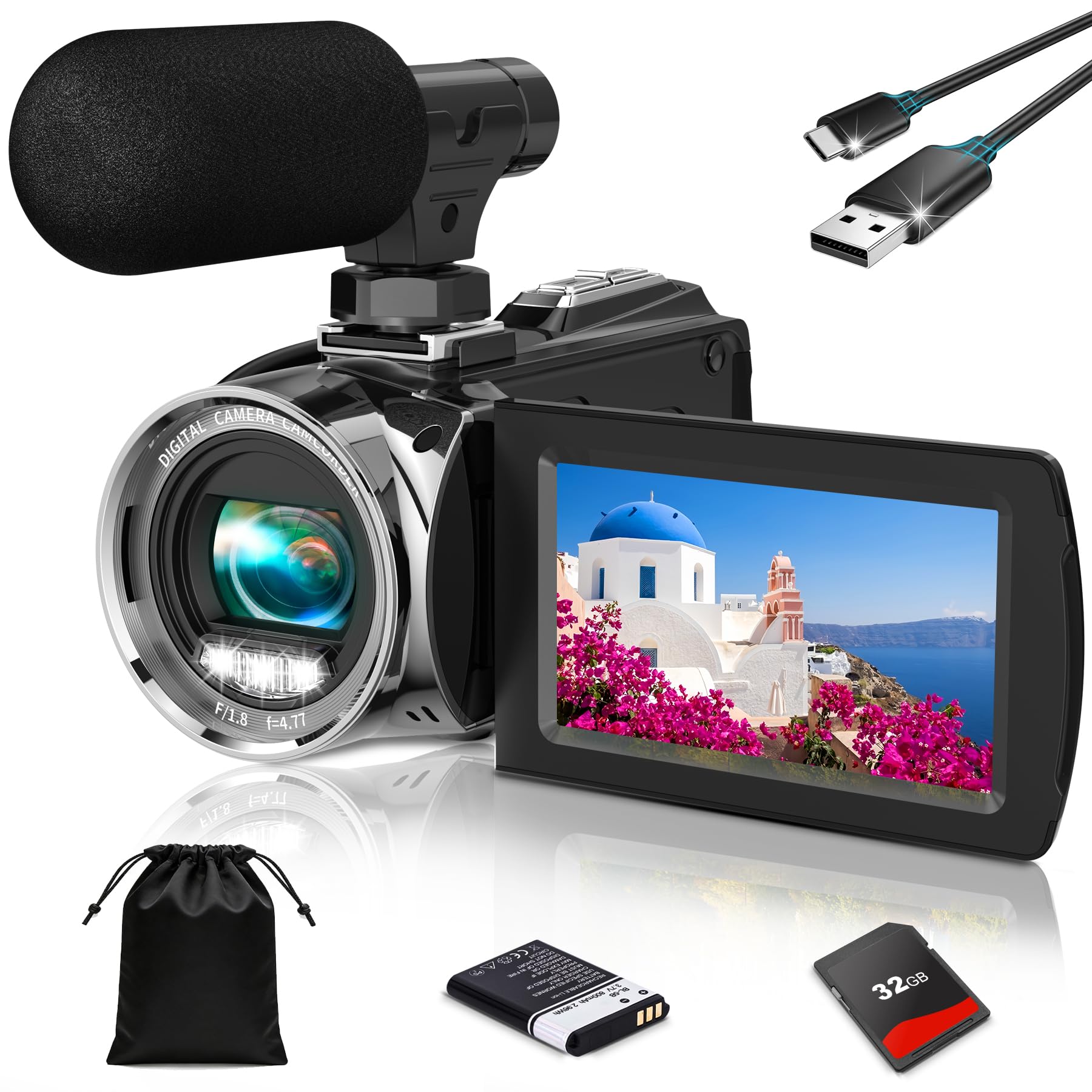 Caméra Vidéo Caméscope 4K 36MP, Zoom Numérique 18X Vlogging YouTube Caméra Écran Rotatif 270° 3 Pouces Video Camera Avec Carte 32Go & Batterie