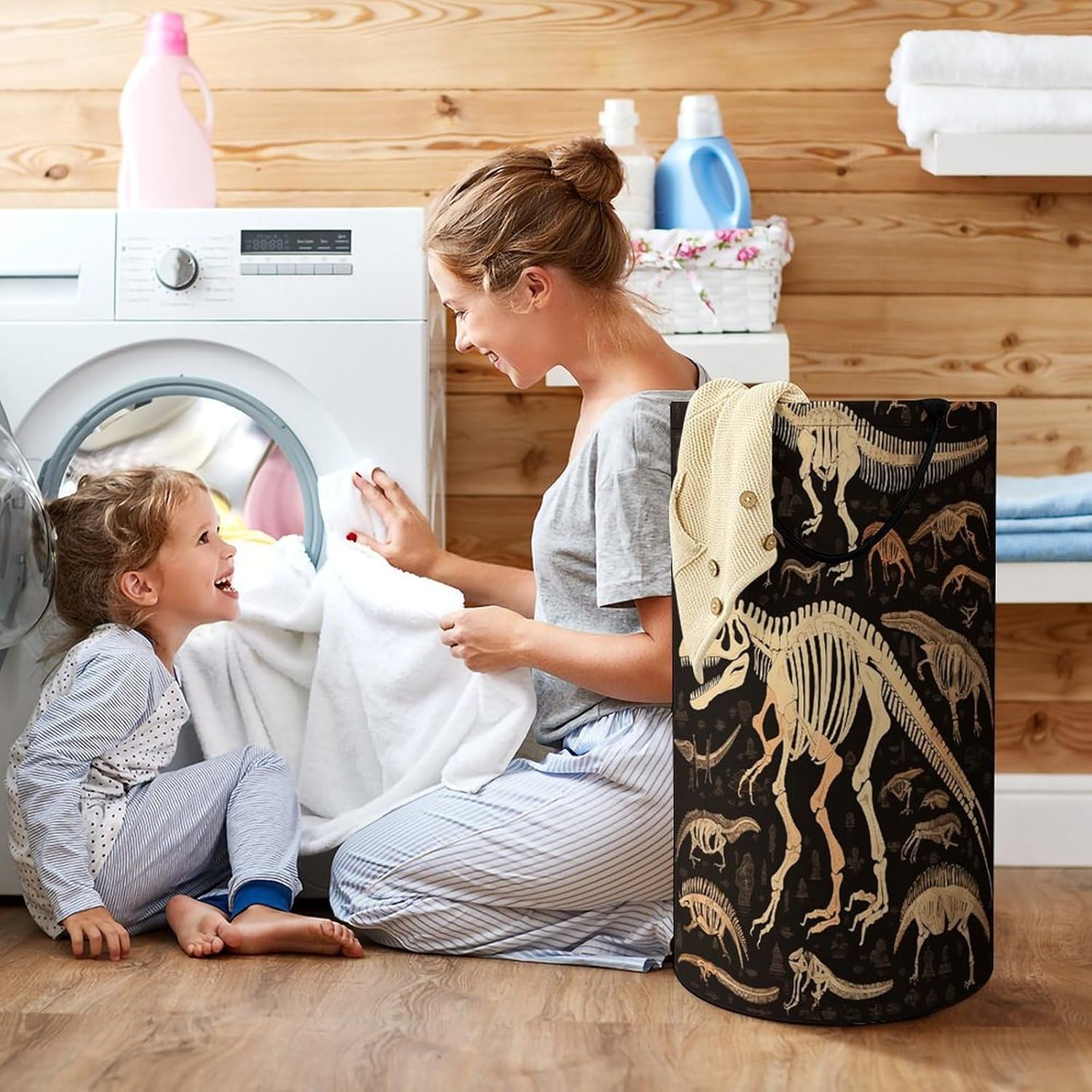 Dinosaur Skeleton Print Laundry Basket Large Foldable Laundry Hamper with Handles Freestanding Collapsible Clothes Basket Waterproof Portable Dirty Clothes Hamper for Bathroom 86L