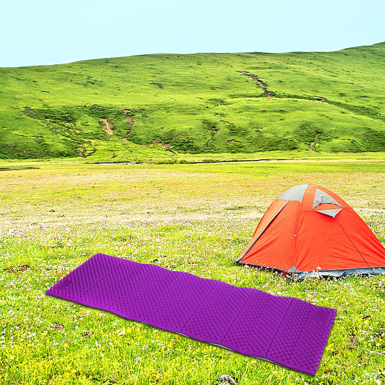 Colchoneta de espuma para camping, ultraligera, para camping, color naranja y morado, asiento de espuma para picnic, senderismo, trekking, montañismo, 74,8 x 22,44 x 0,78