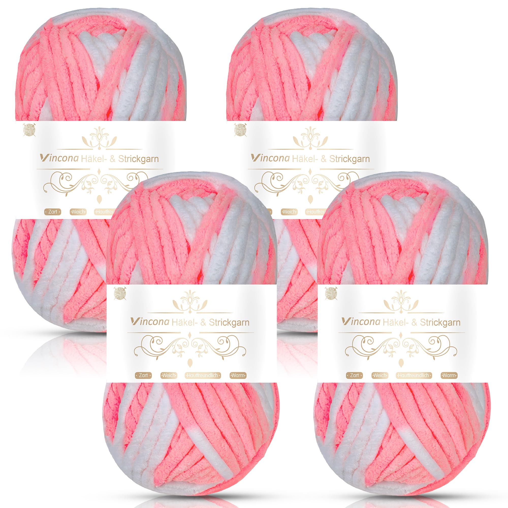 Vincona Chunky Yarn 4 x 100g Multi-Colored Soft Chunky Wool for Hand Knitting, Thick Yarn for Knitting 100g Balls, Soft Fluffy Velvet Thick Knitting Yarn for Crochet Blankets, Amigurumi Pink White