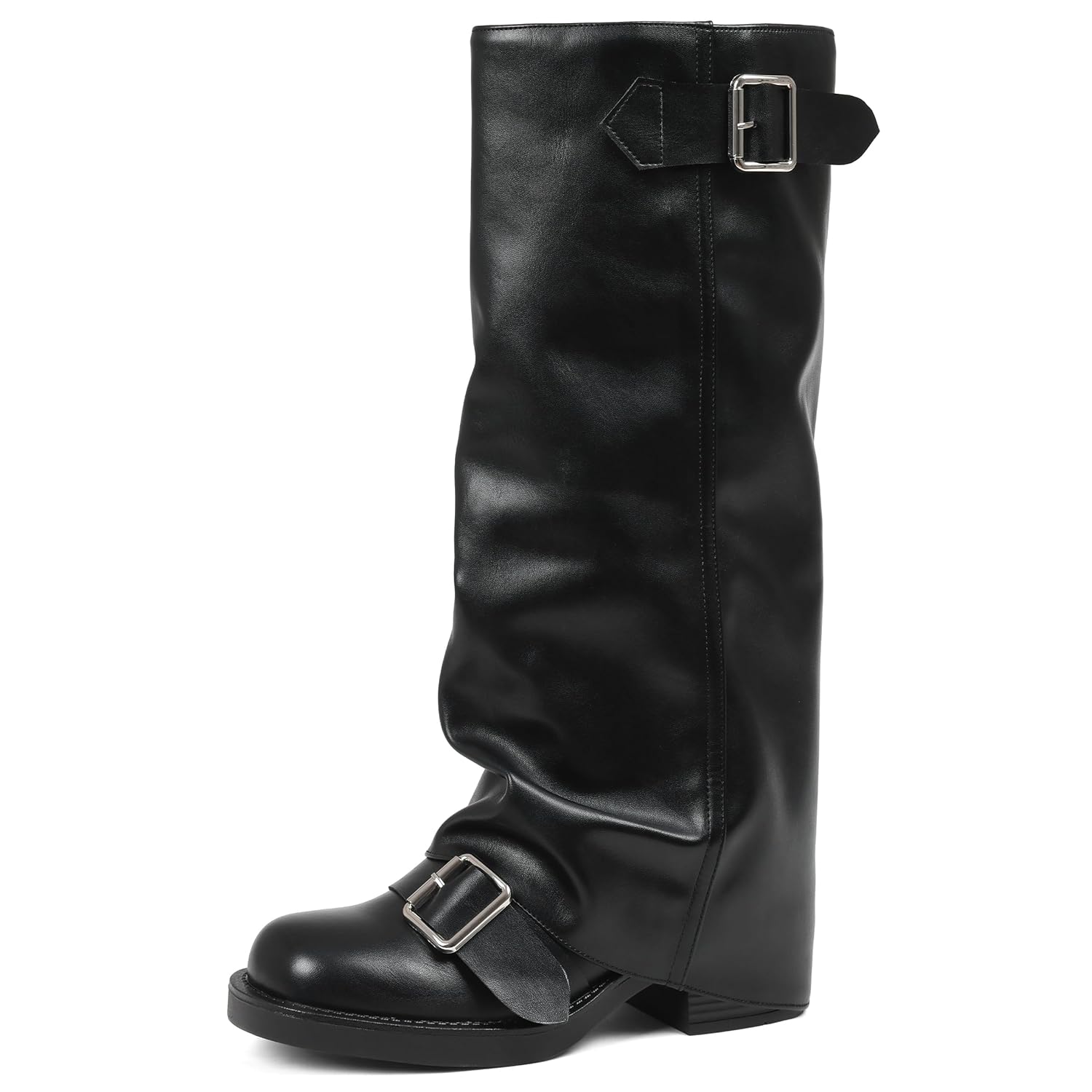 AMINUGAL Fold Over Knee High Boots Women Chunky Block Heel Festival Trendy Casual Round Toe Buckle Tall Slouchy
