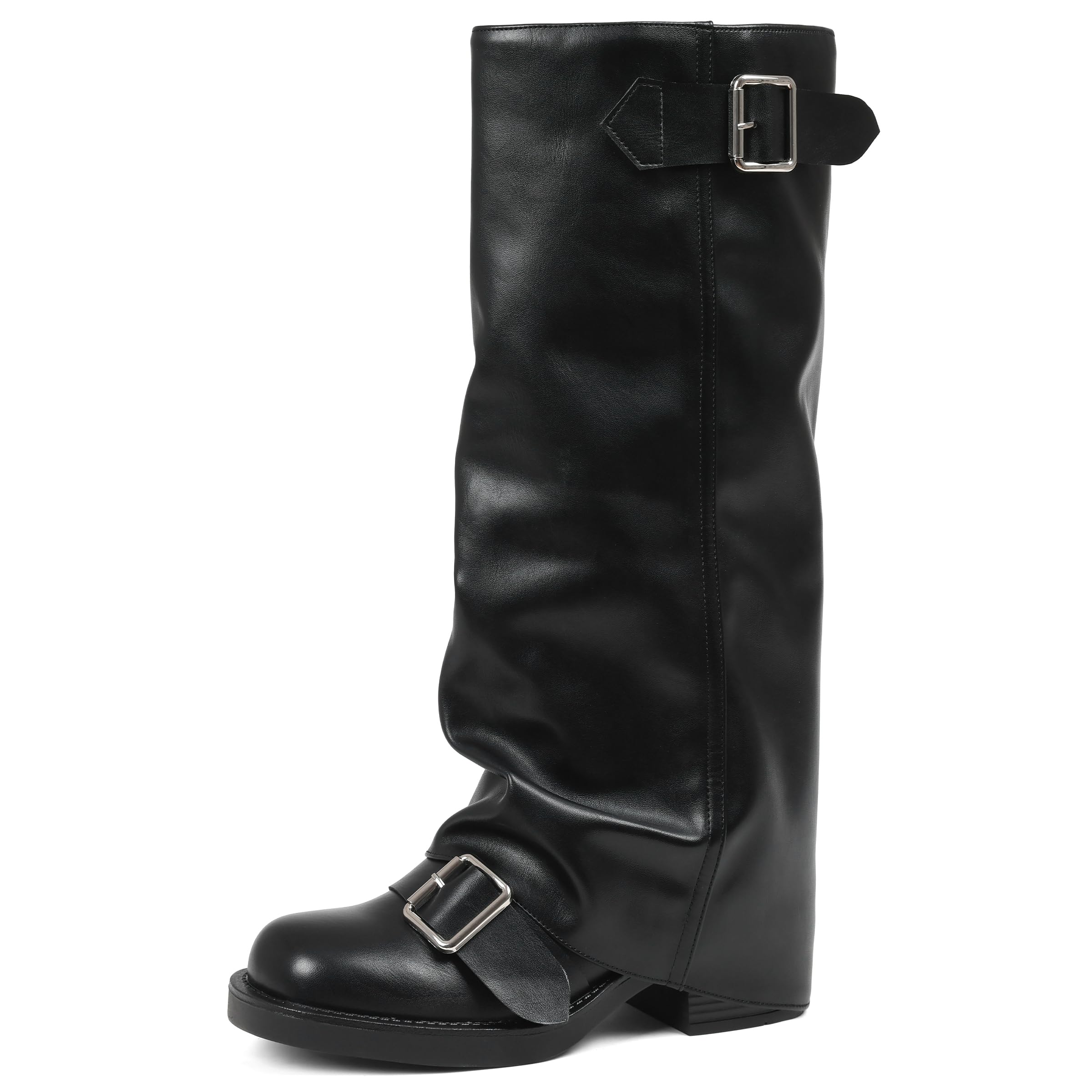 AMINUGAL Fold Over Knee High Boots Women Chunky Block Heel Festival Trendy Casual Round Toe Buckle Tall Slouchy