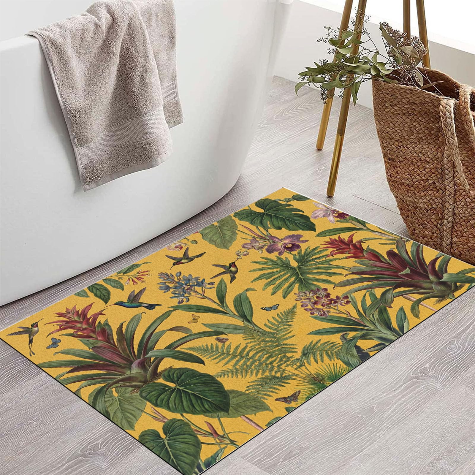 Felpudo Ultrafino Para Interiores, 80X120Cm, Plantas Tropicales Retro Alfombra Antideslizante Lavable Para Entrada, Colibríes Exóticos Flores Felpudo De Perfil Bajo, Atrapa Suciedad, Amarillo