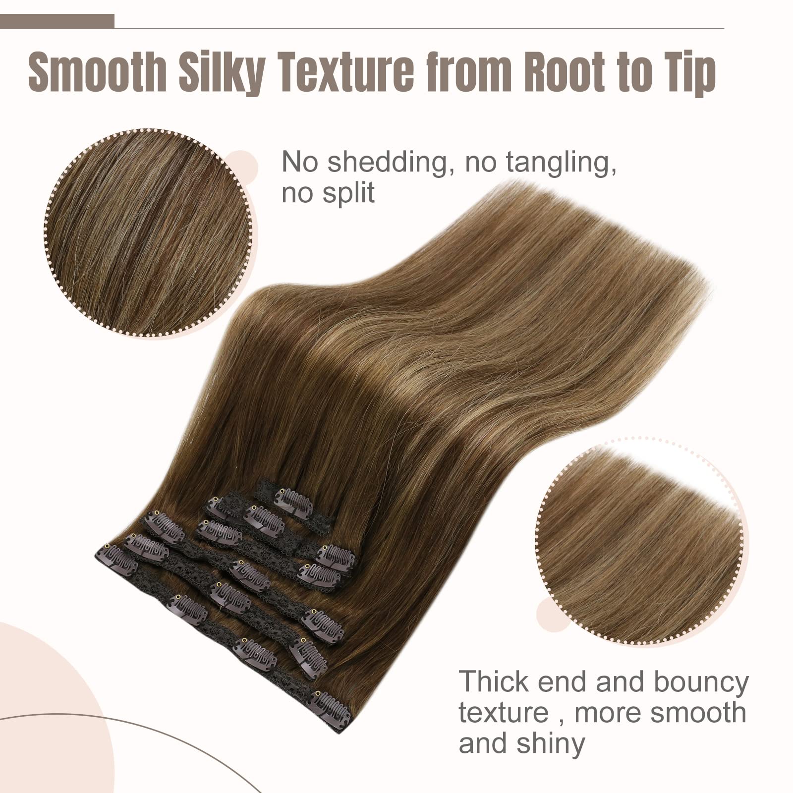Fshine Extension Clip in Capelli Veri Lisci 50CM 120g Capelli Lunghi Extension 7 Pezzi Capelli Colore Balayage 4 marrone cioccolato a 27 biondo caramello con 4 marroni Extension Clip in Human Hair