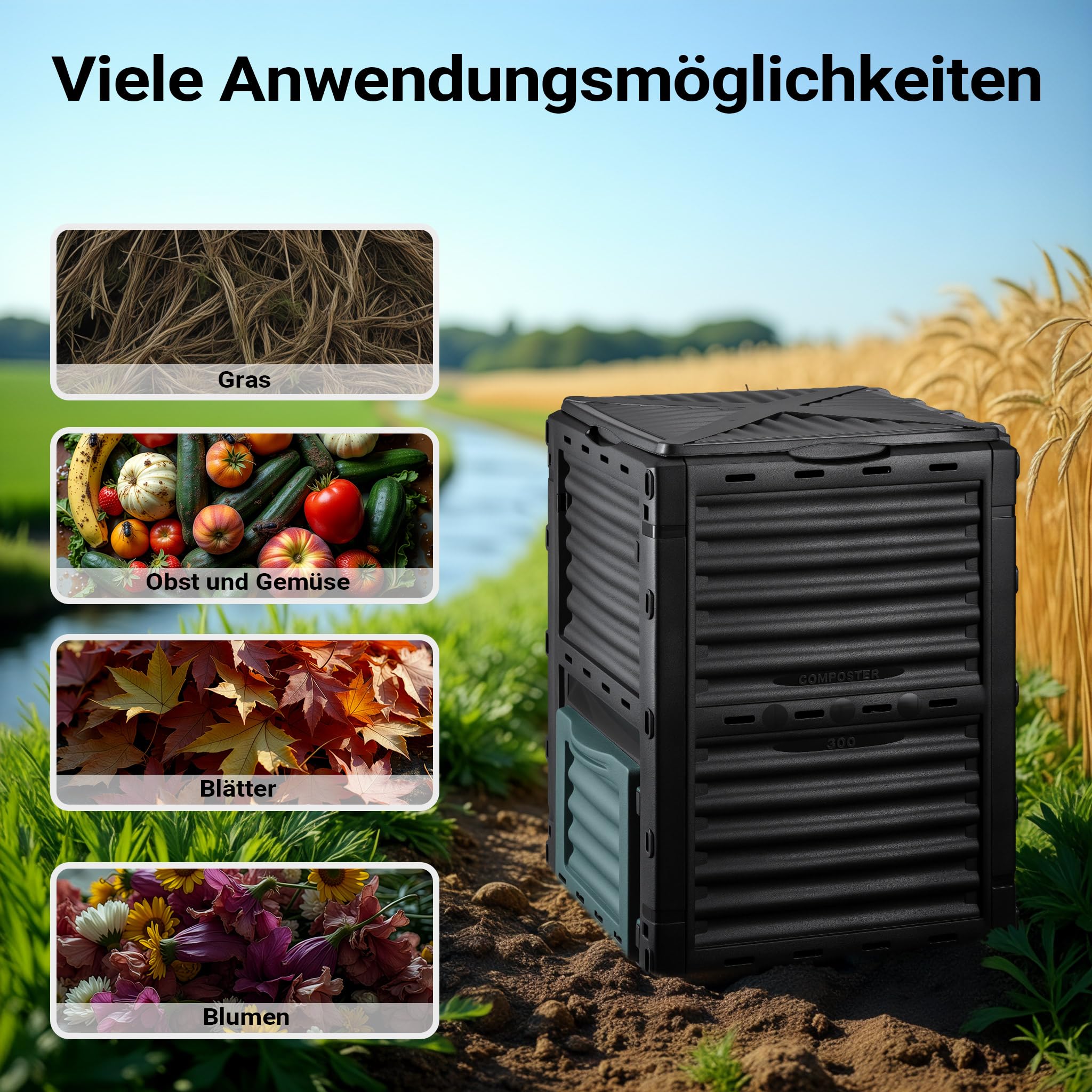 Wiltec Gartenkomposter 300 Liter 61 x 61 x 82 cm, Komposter aus Kunststoff für Bio- und Garten-Abfälle, Kompostierer mit Deckel, Schnellkomposter mit Bodenklappe zum Entleeren
