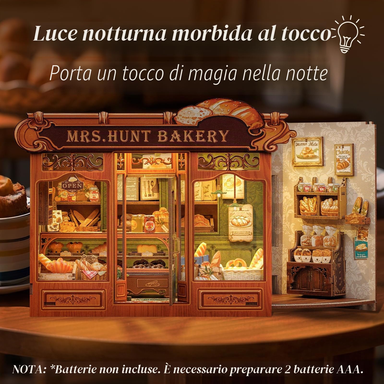 Cutefun DIY Case delle bambole Book Nook Model Kit, Reggilibri Scaffale Inserto Decorazione con Luce LED,Kit di Costruzione di Modellini in Legno per (MRS.HUNT BAKERY)
