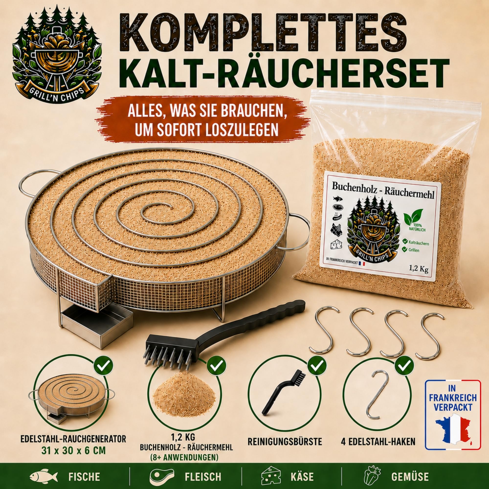 Grill'n Chips® Sparbrand XXL Kaltrauchgenerator (30 cm)/Räucherschnecke für Räucherofen + 1,2 kg Räuchermehl Buche + 4 Fleischhaken & Bürste – zum Kalträuchern – inkl. PDF-Ratgeber (Gratis)
