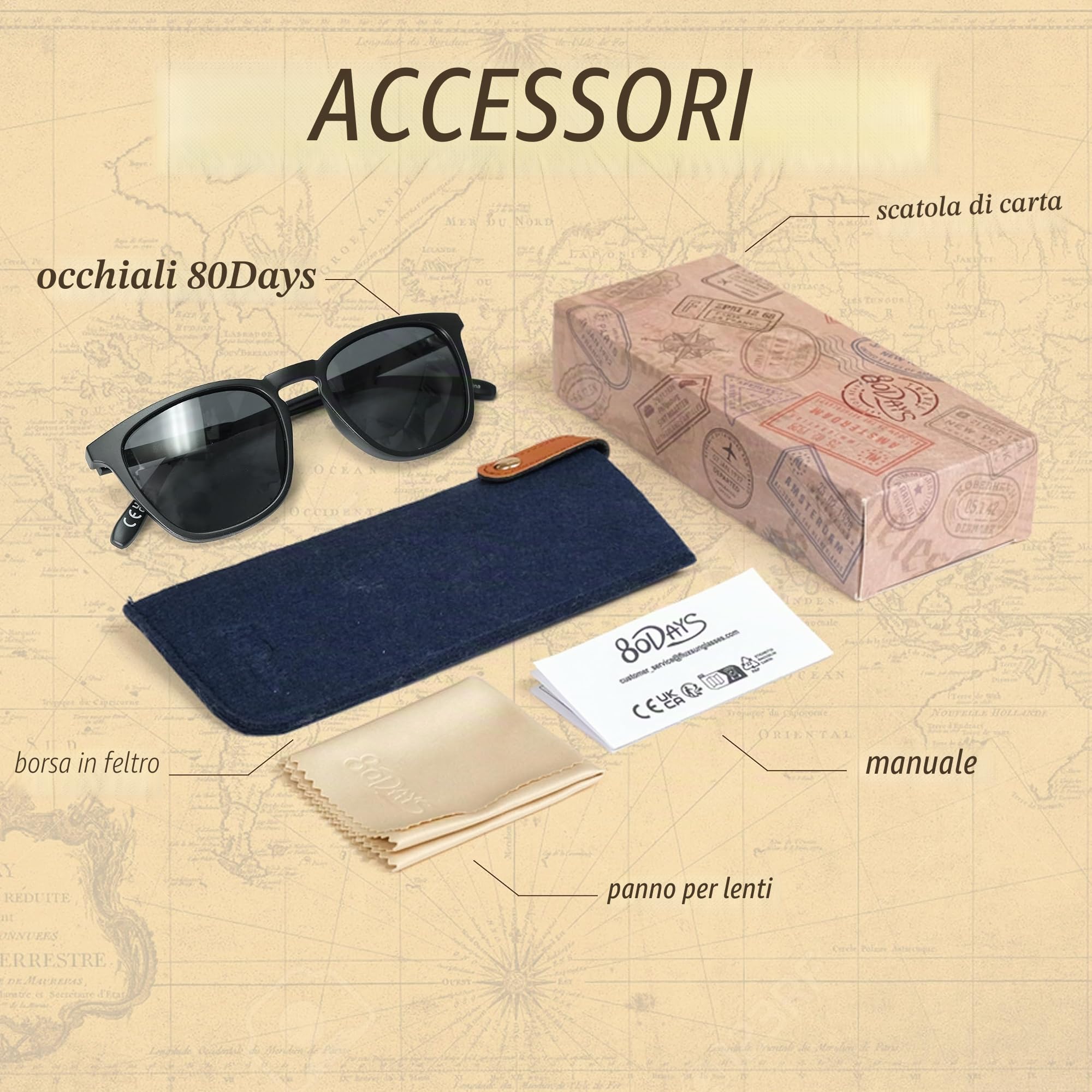 80Days Occhiali da Sole Squadrati per Uomo e Donna – UV400, Linea Sottile, Eleganza Senza Tempo