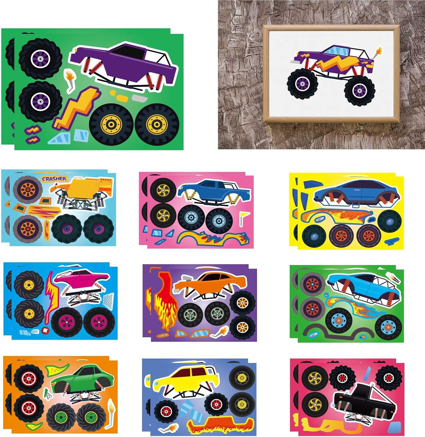 20 PCS Monster Truck Make Your Own Stickers with 10 Designs Truck Party Favors for Monster Truck-Themed Birthday Party Decorations Favor Supplies Education Toy Art Craft Activities Birthday Gift
