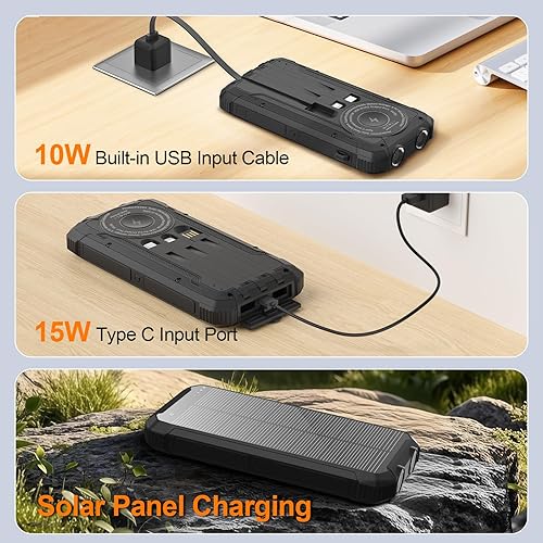Miniatura 7 de Banco de energía solar 20000mAh cargador portátil inalámbrico integrado 3 cables 15W USB-C carga rápida batería negra compatible con iPhone,