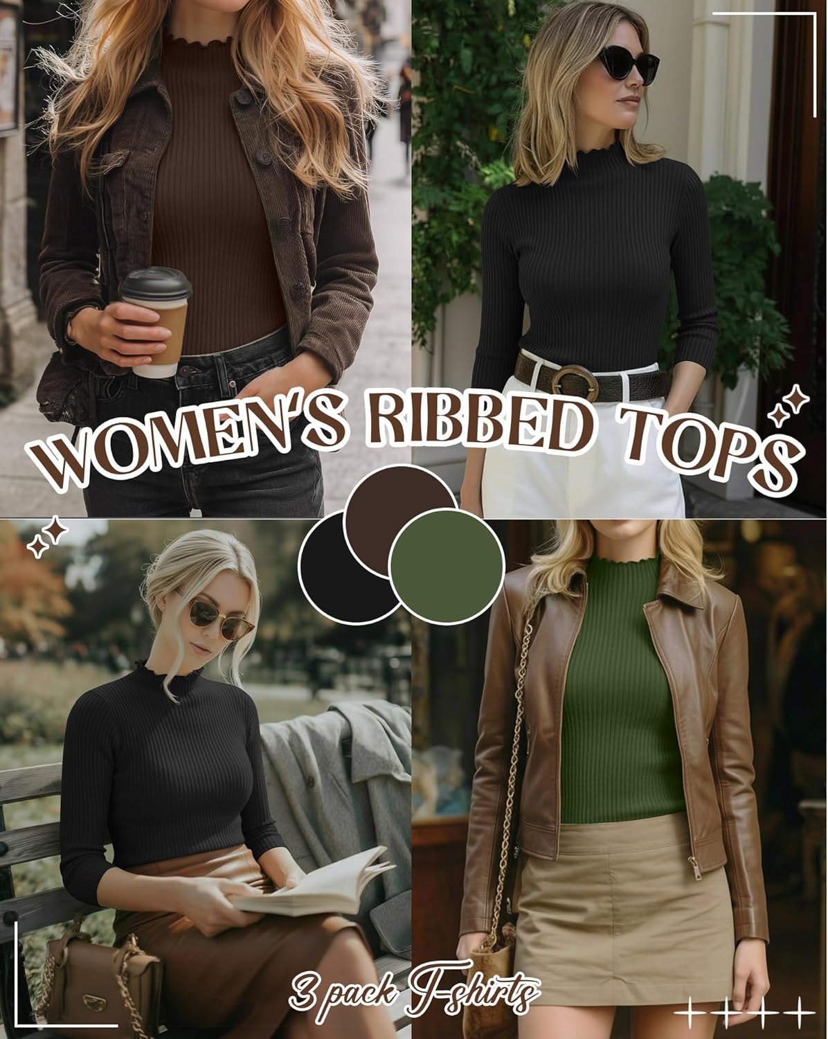 3 Pack Women's Cotton 3/4 Sleeve Mock Turtleneck Tops Lettuce Trim Ribbed Shirts Slim Fit Casual Basic Tees - Image 2