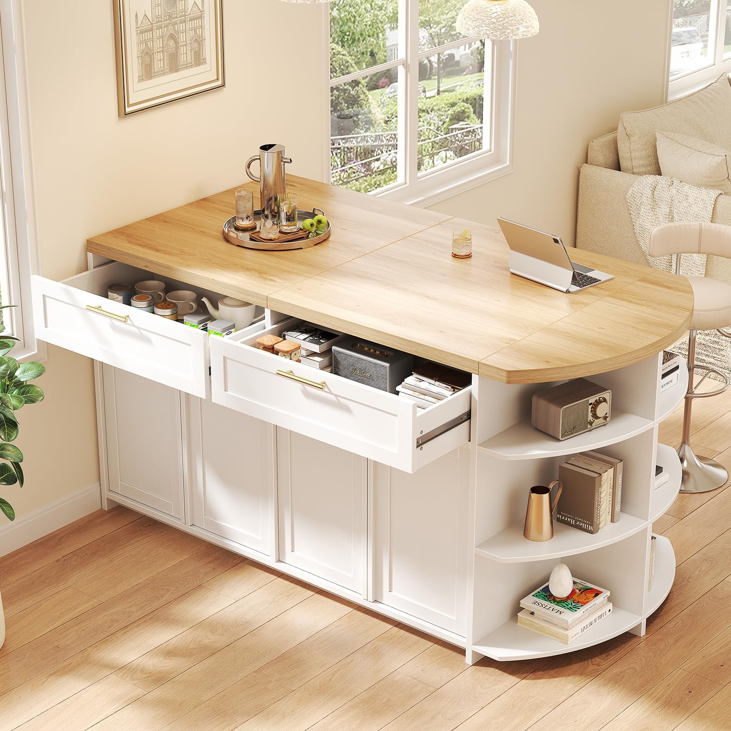 HSH 63” Large Kitchen Island with Storage & Seating, Modern Counter Height Island Table with 2 Drawers & Cabinets, 3 Oval Open Shelves, Stationary Island Prep Table for Kitchen Dining Room, Light Oak
