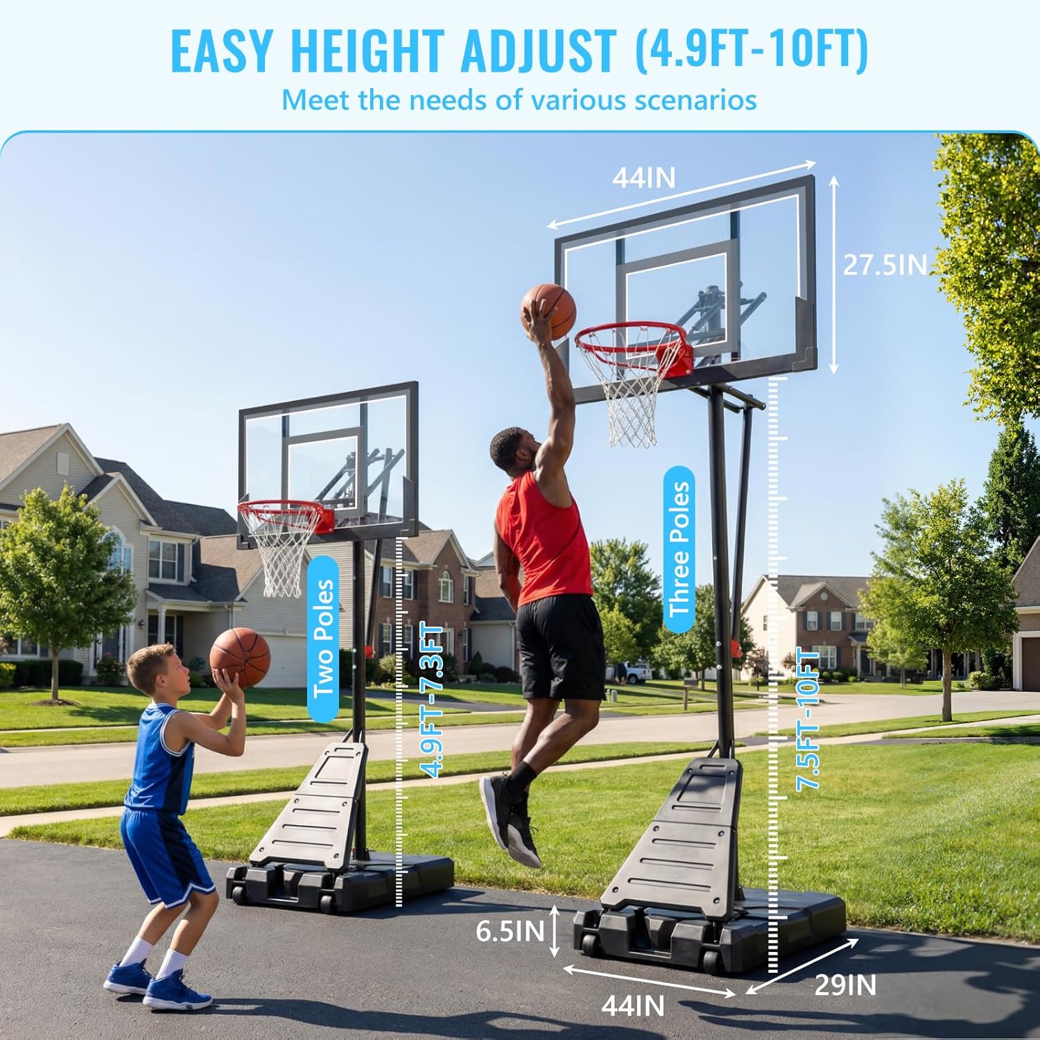 Portable Basketball Hoop Outdoor Goal System – Height Adjustable 4.9ft to 10ft with 44" Shatter-Resistant Backboard, Stable Movable Base with Wheels, for Backyard, Driveway, Poolside(Black)