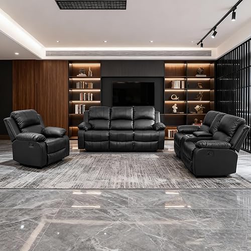 Living Room Furniture Sets, 3 Pieces Sectional Leather Couch Set, Adjustable Recliner Sofa Sets for Living Room/Office (Chair, Loveseat & Sofa, Black)