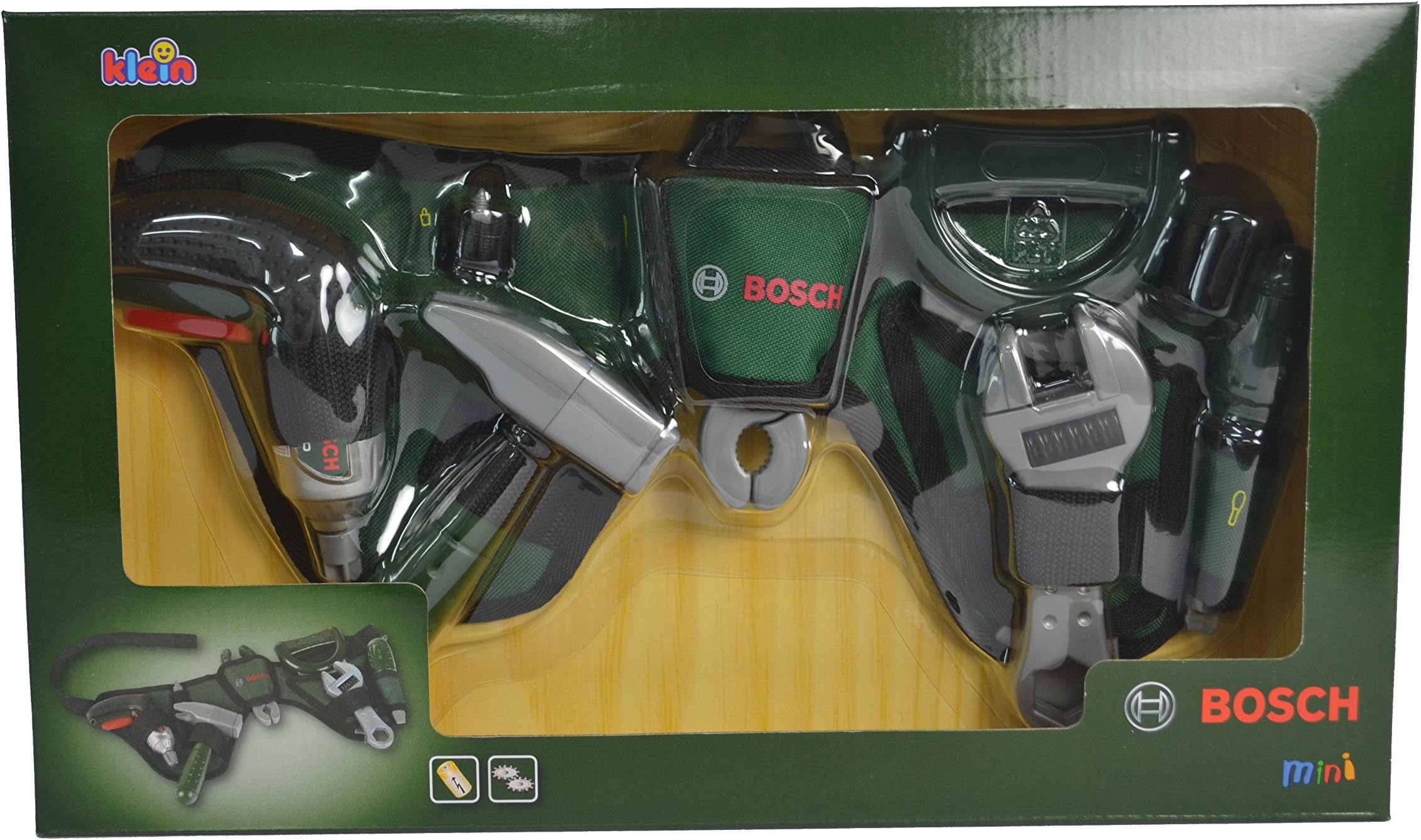 KleinTheo 8493 Bosch Tool Belt I With Ixolino Battery-Powered Cordless Screwdriver and Lots of Tools I Dimensions: 76 cm x 24 cm x 4.5 cm I Toy for Children Aged 3 Years and up