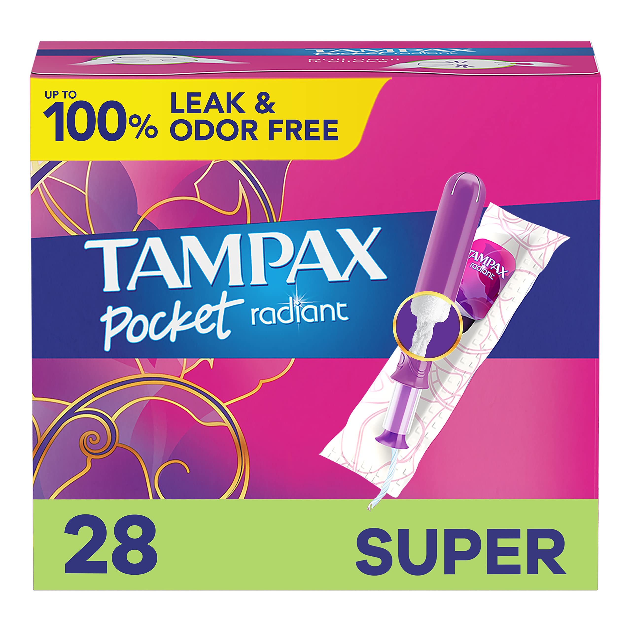 Compact Radiant Tampons for Women, with LeakGuard Braid & Extendable Applicator, Super Absorbency, Unscented, 84 Count (3 Packs of 28)