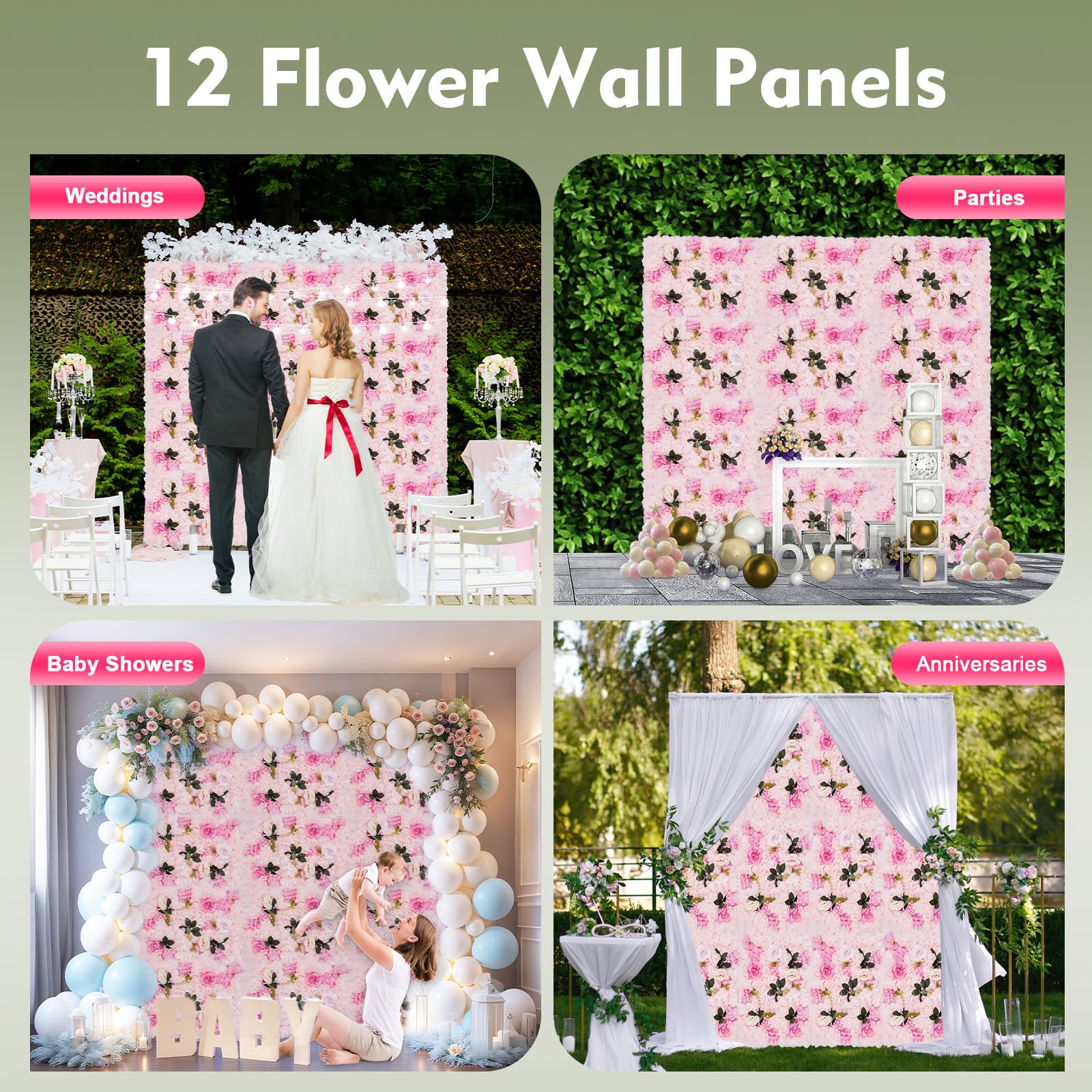 Set di 12 pannelli di fiori artificiali, 40 x 60 cm, motivo: Dahlia rosa e piante acquatiche, realistici e belli artificiali, pannelli da parete per interni/esterni e muri, falsi fiori