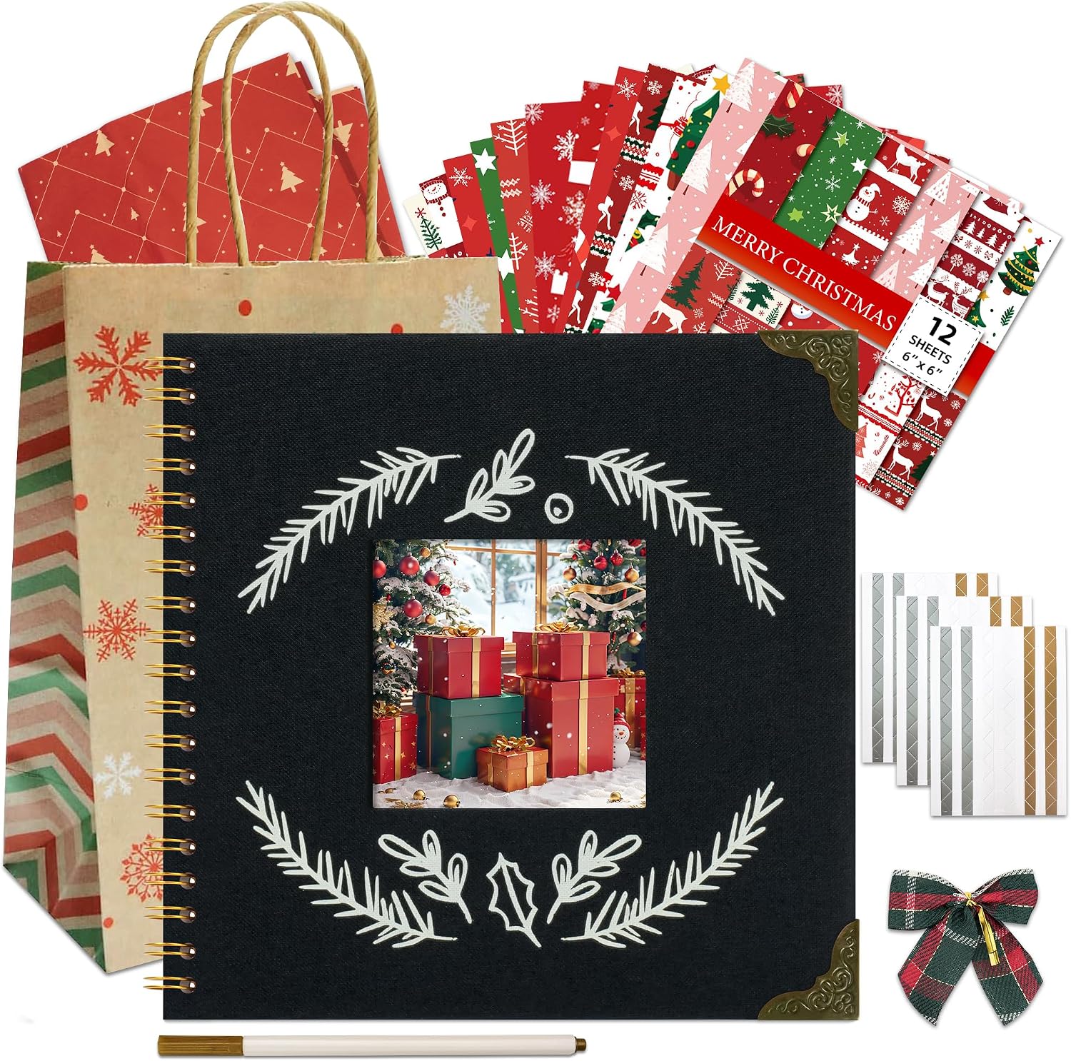 Vienrose Christmas Scrapbook Album Gift Kit, 10"x10" DIY Scrap Book Photo Albums Linen Cover Kraft Pages with 20 Sheets 40 Pages, Square Window Photo Album for Family, Wedding, Travel Memories Black