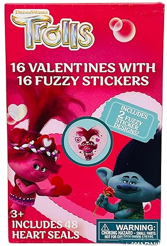 Miniatura 2 de Trolls - 16 tarjetas de San Valentín con dijes, piruletas, minipops, calcomanías peludas, 48 sellos de calcomanías de corazón y (1) paquete de